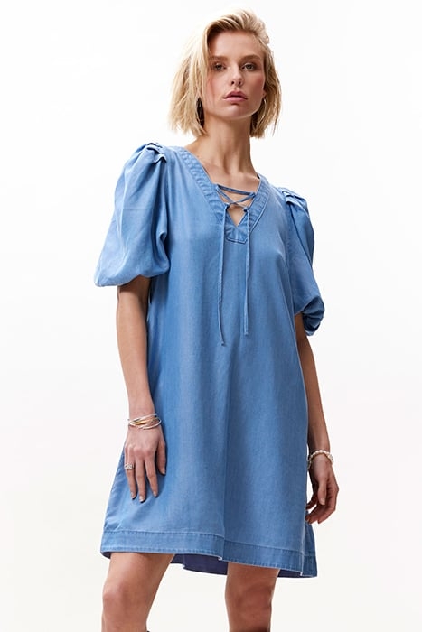 PUFF SLEEVE V NECK DRESS BLUE 1