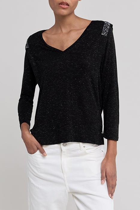 BLACK V NECK VISCOSE T-SHIRT WITH RHINESTONES 1