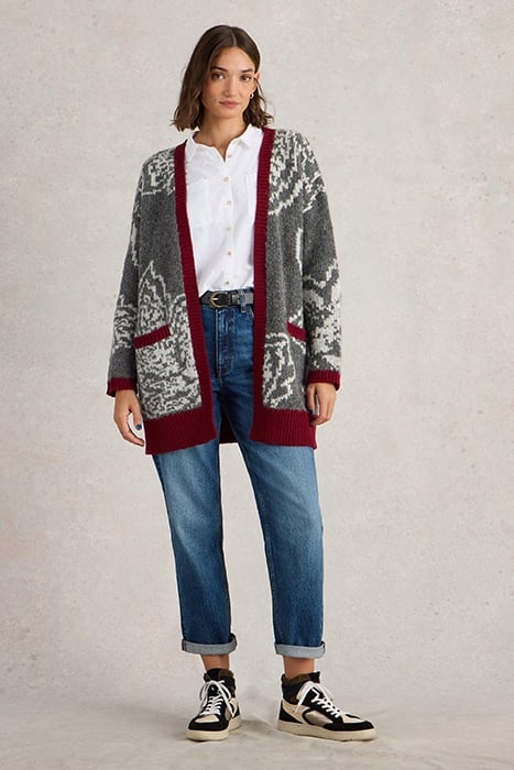 FIONA FLORAL LONGLINE CARDI GREY MULTI 1