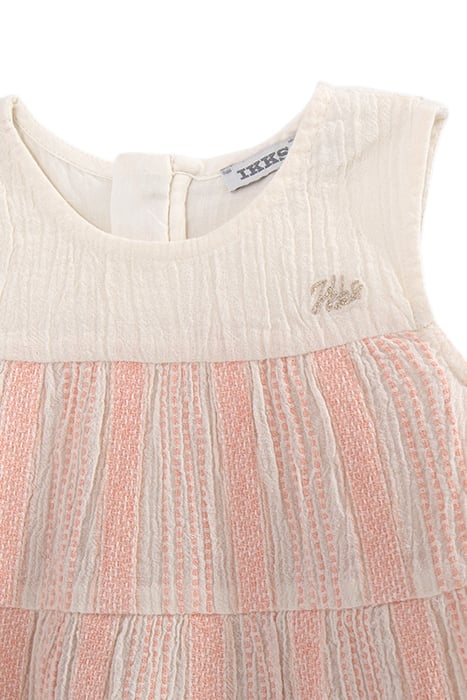 BABY GIRLS’ ECRU DRESS WITH PEACH WOVEN STRIPES & BLOOMERS 5