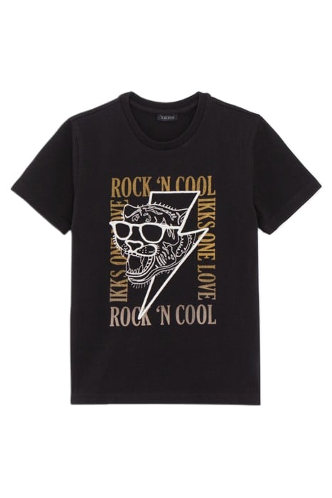 BOYS’ BLACK T-SHIRT, EMBROIDERED TIGER HEAD-GOGGLES IMAGE 1