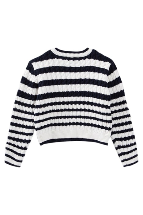 GIRLS' ECRU CABLE KNIT SWEATER WITH NAVY STRIPES 2