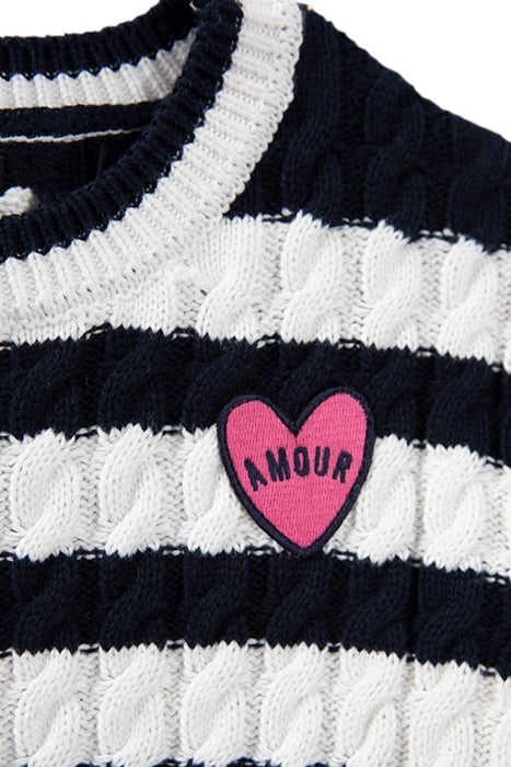 GIRLS' ECRU CABLE KNIT SWEATER WITH NAVY STRIPES 4