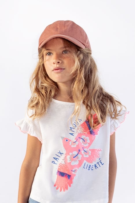 GIRLS’ WHITE ORGANIC COTTON T-SHIRT, NEON PINK BIRD IMAGE 3