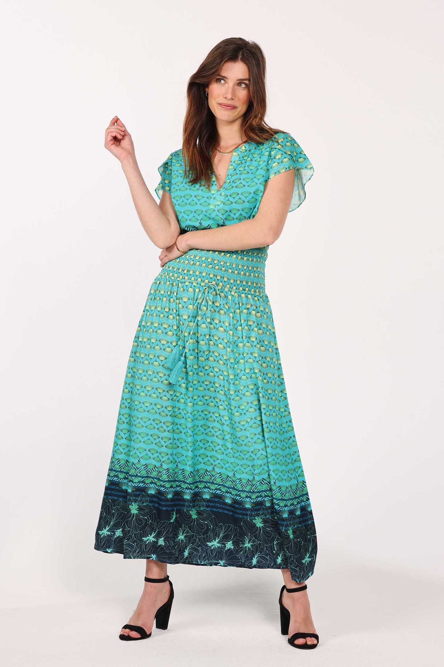 SMOCKED SKIRT MAGIC CERAMIC GREEN WITH FLOWERFAN PRINT 5