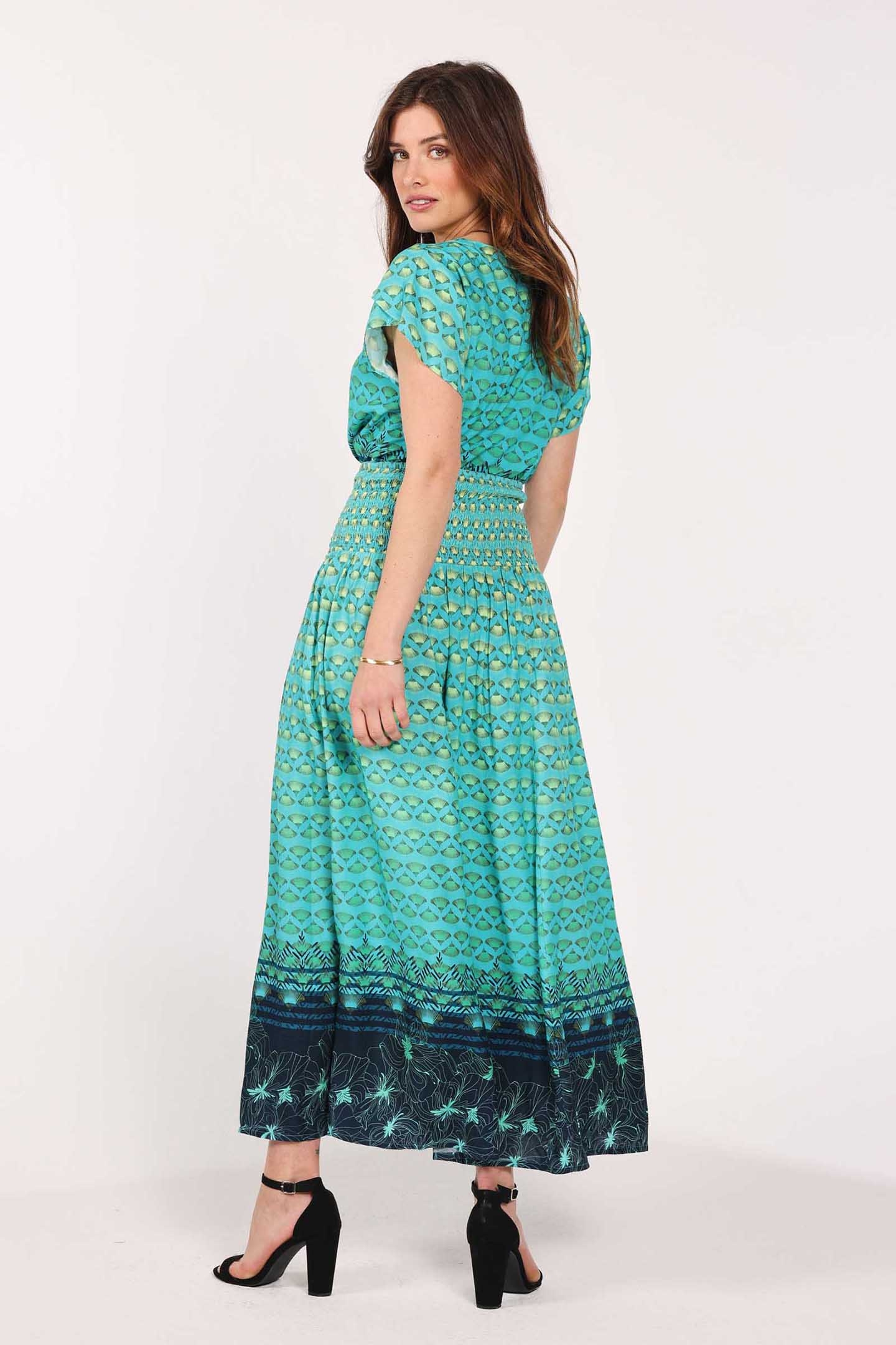 SMOCKED SKIRT MAGIC CERAMIC GREEN WITH FLOWERFAN PRINT 2