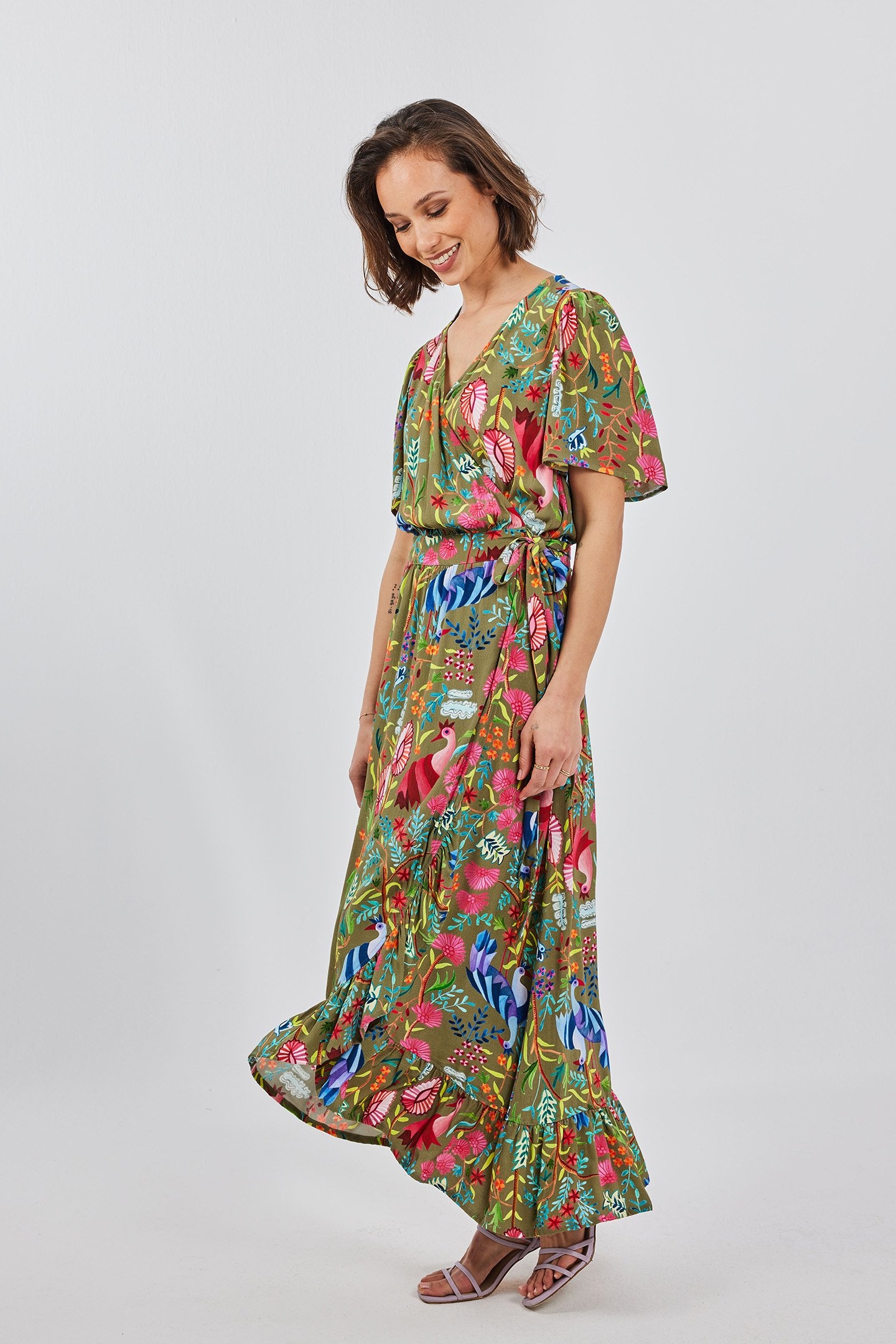 WRAP DRESS GINGER ALOE GREEN WITH BIRD GARDEN PRINT 3