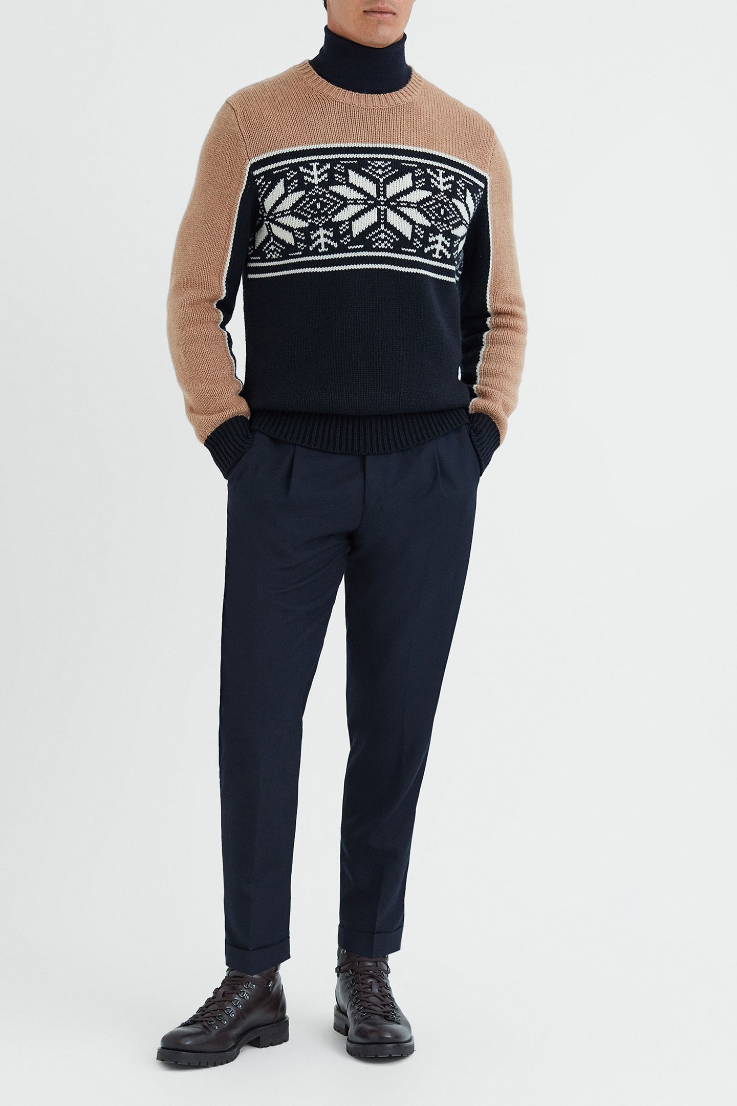 LS CREW FAIRISLE PANEL JUMPER NAVY/CAMEL 3