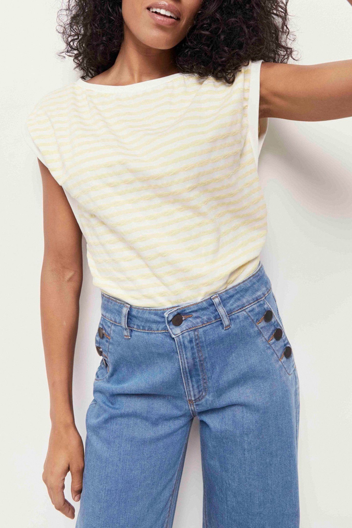 MARCIA - ECRU JACQUARD T-SHIRT WITH YELLOW STRIPE PATTERN OF 1