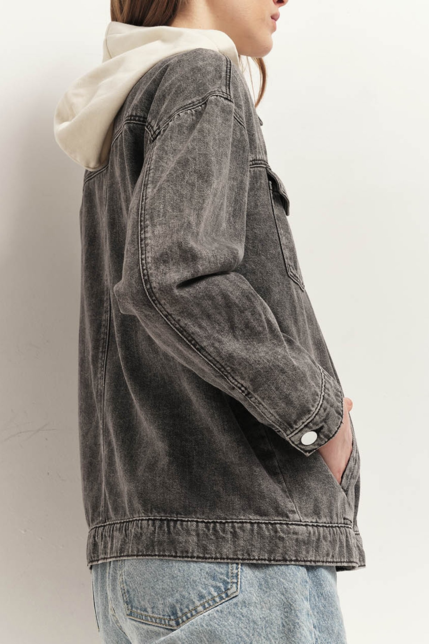 DOLLIS - OPAL GREY DENIM JACKET WITH DETACHABLE HOOD IVORY 2