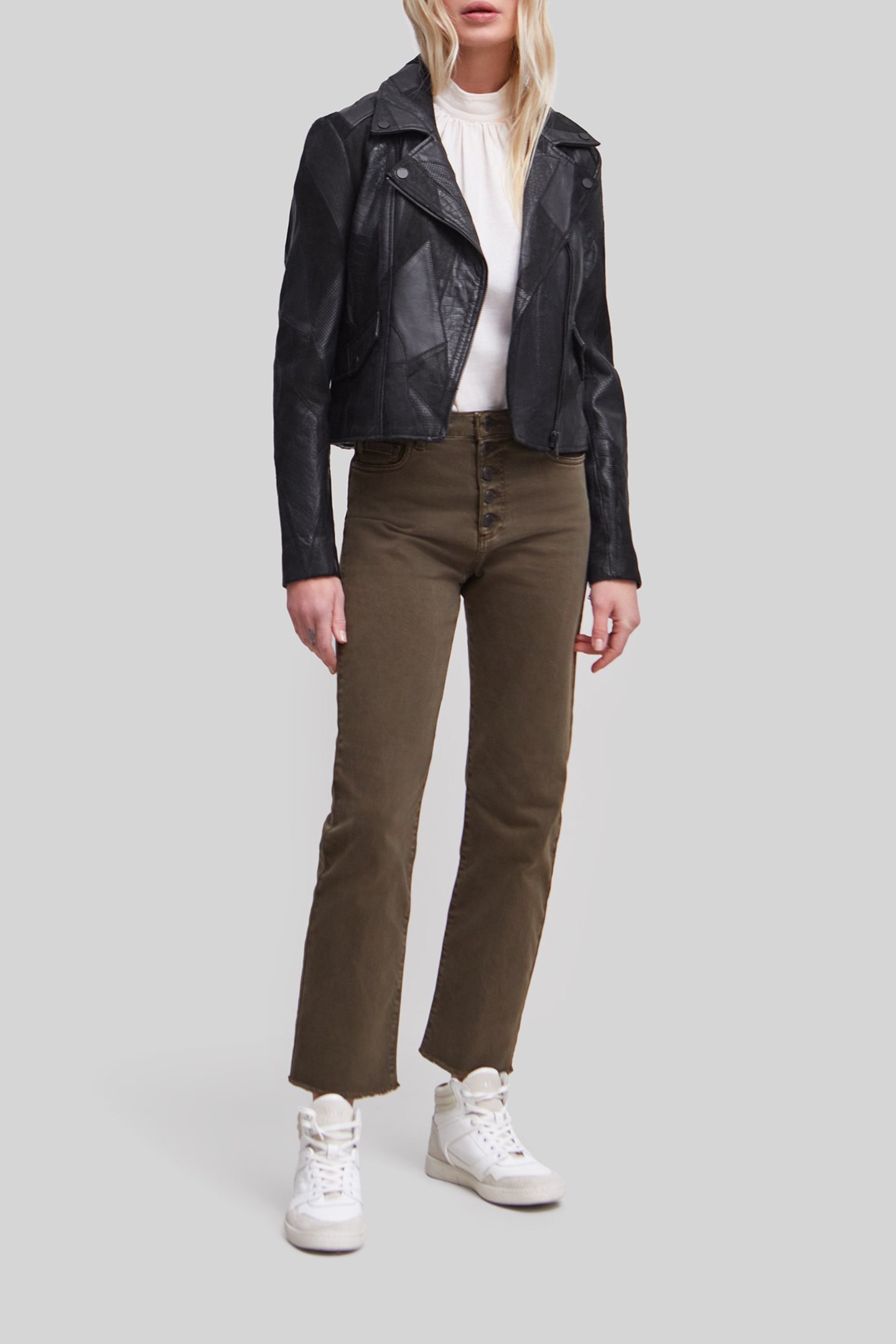 BLACK LEATHER PATCHWORK-LOOK BIKER-STYLE JACKET 3