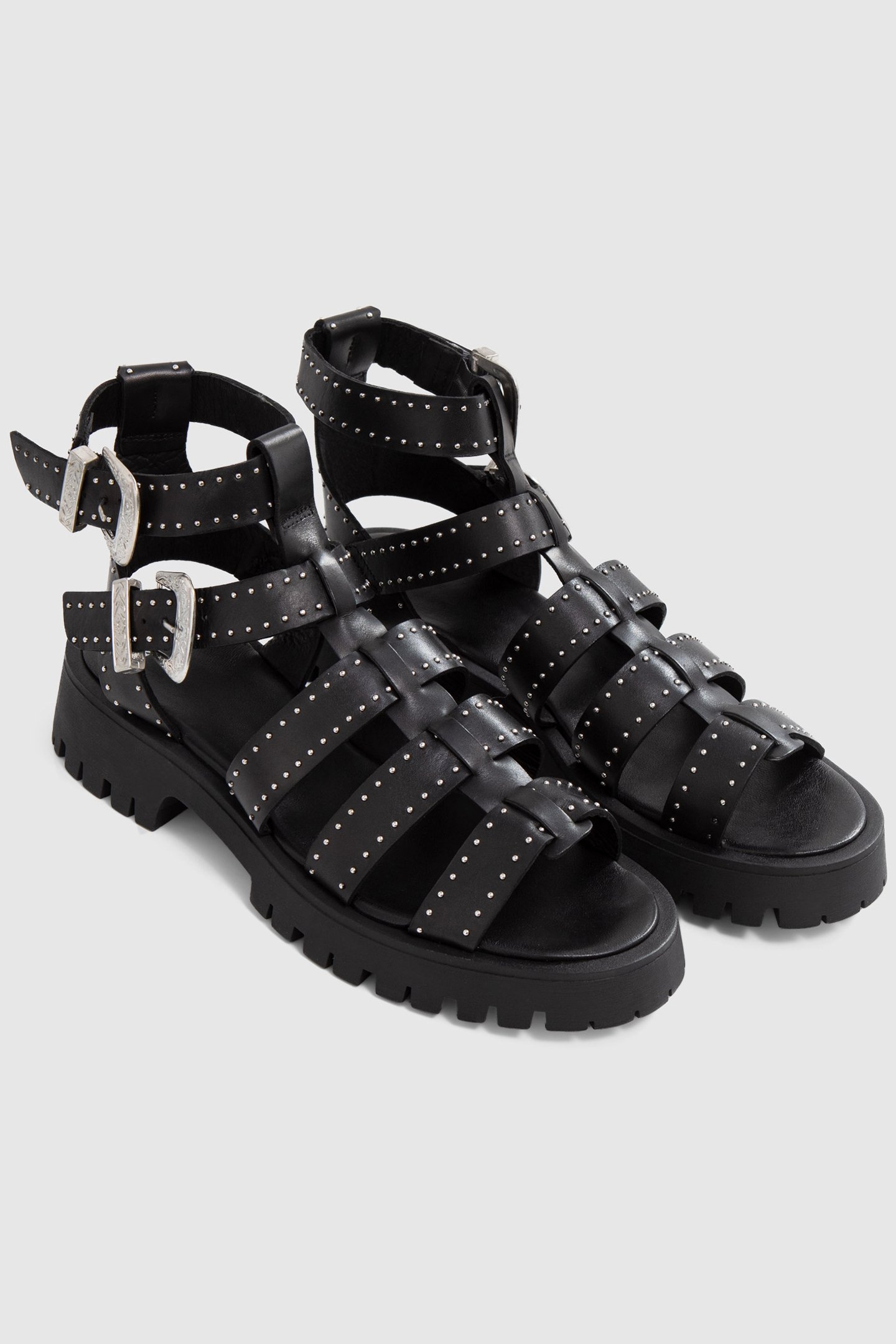 BLACK LEATHER CHUNKY SANDALS, STUDDED MULTI STRAPS 3