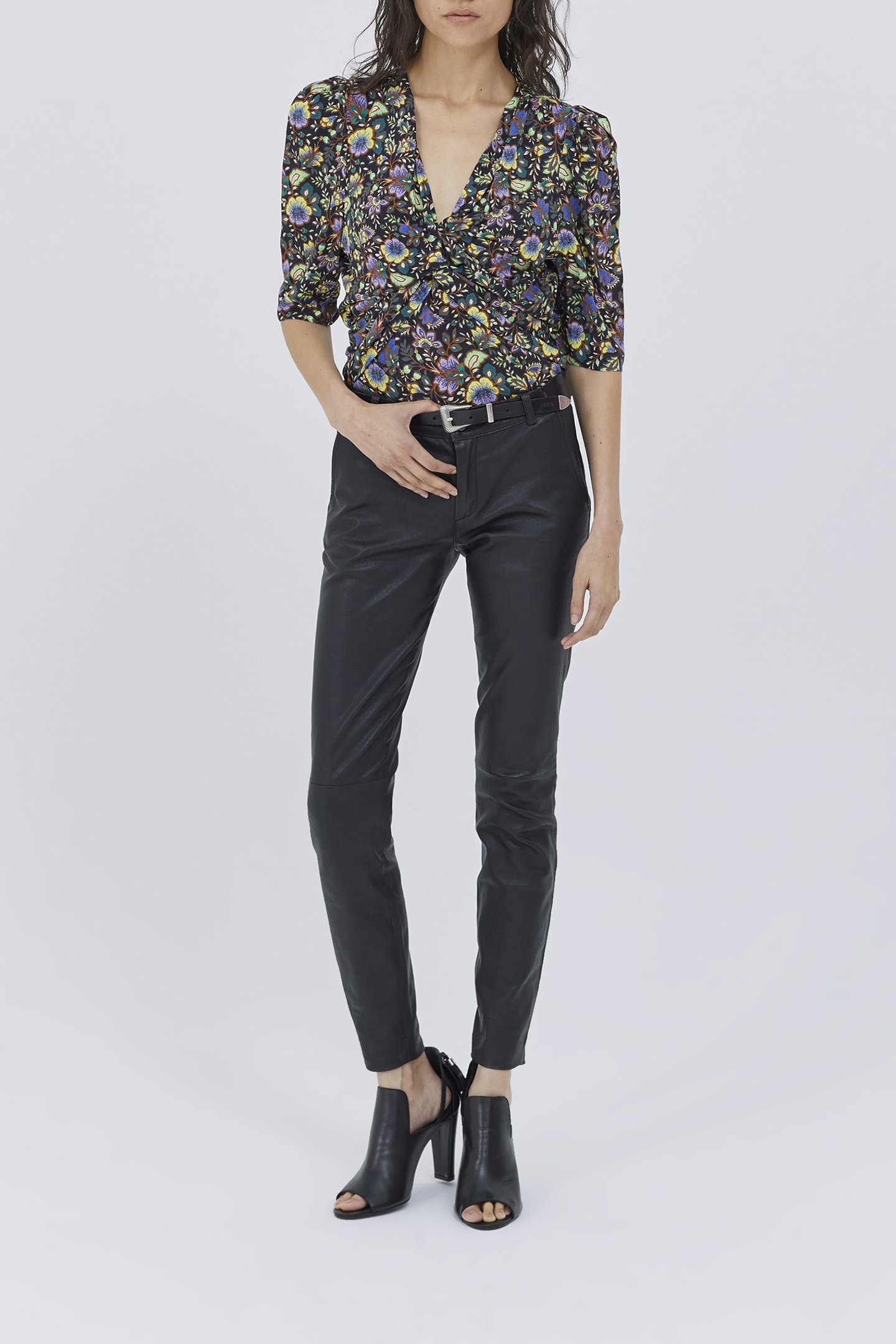 BLACK DRAPED BLOUSE WITH MAXI FLORAL PRINT 3