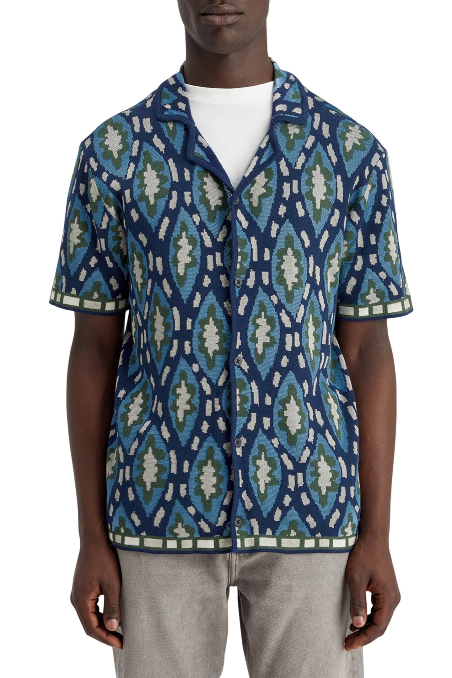 JACQUARD KNITTED SHORT-SLEEVED SHIRT BLUE BOOKCOVER AOP 1