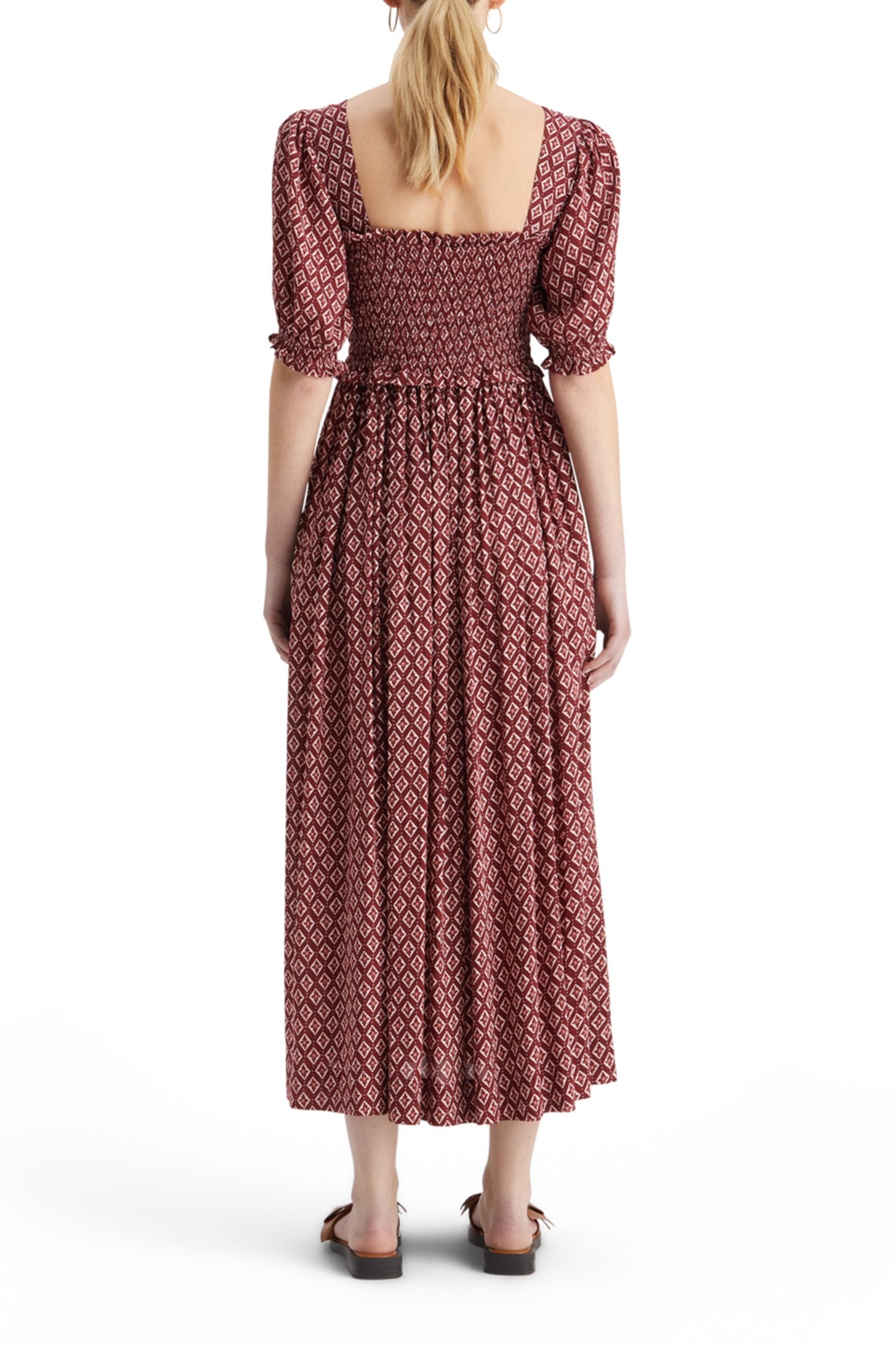 MAXI DRESS WITH SMOCK GEO FLOWER BORDEAUX 2