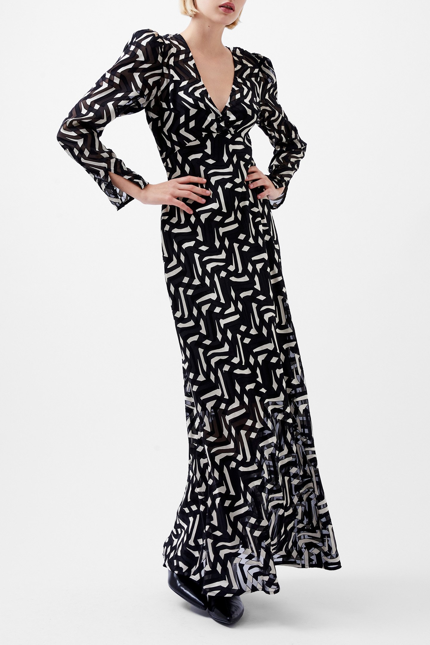 DIANDRA SATIN BURNOUT DRESS BLACK/CREAM 1