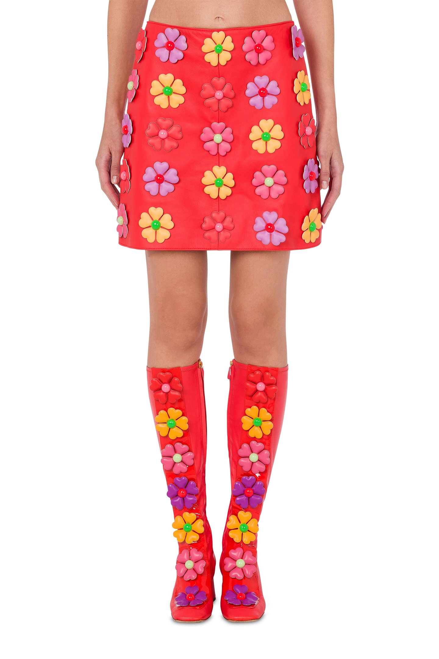 ALLOVER FLOWERS NAPPA LEATHER SKIRT RED 1