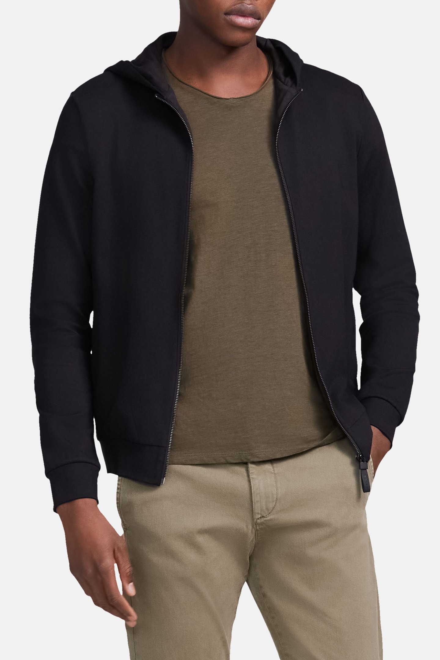 BLACK INTERLOCK ZIPPED HOODED CARDIGAN 1