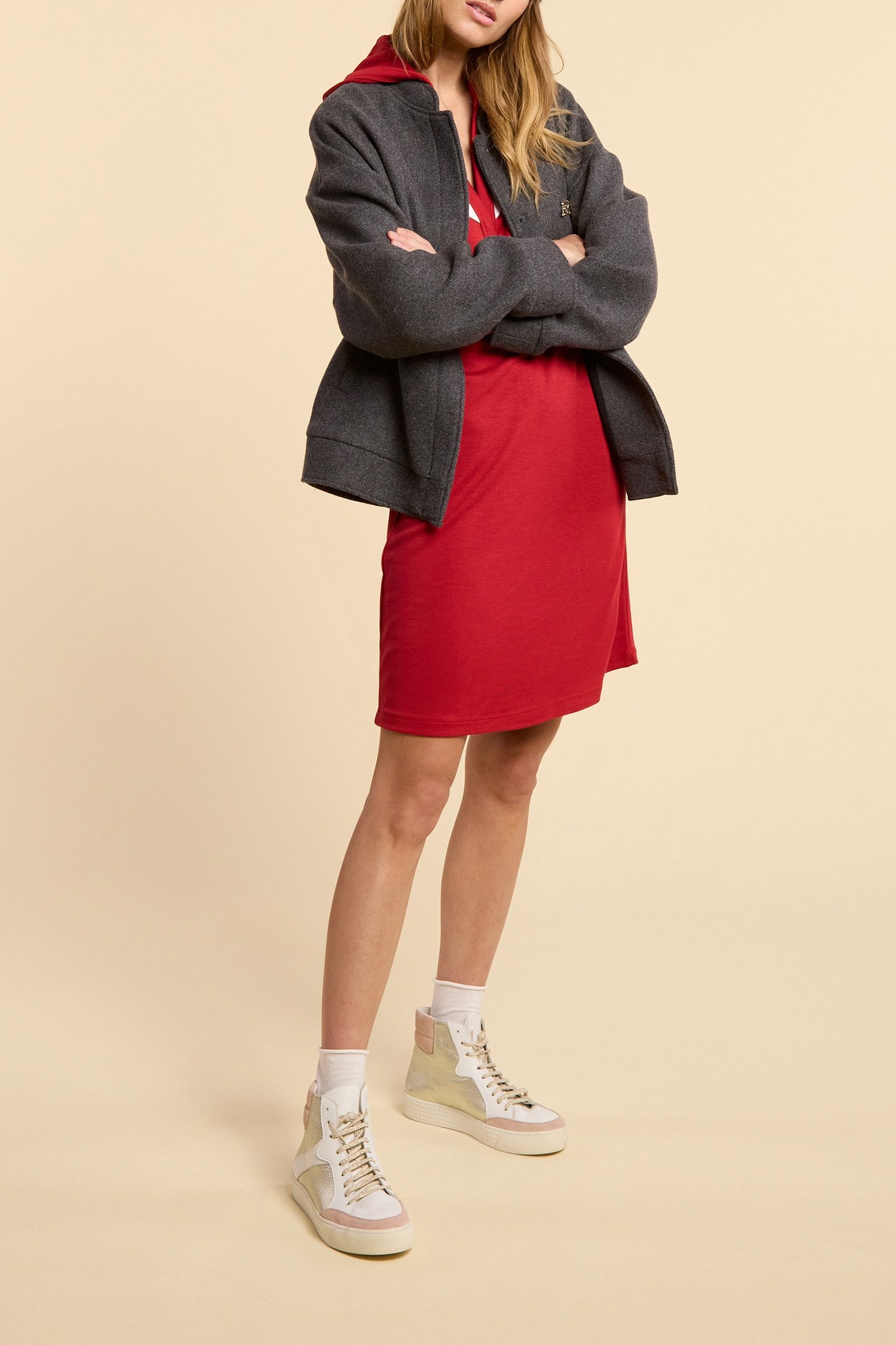 RED HOODED DRESS WITH PLACED STRIPES 5