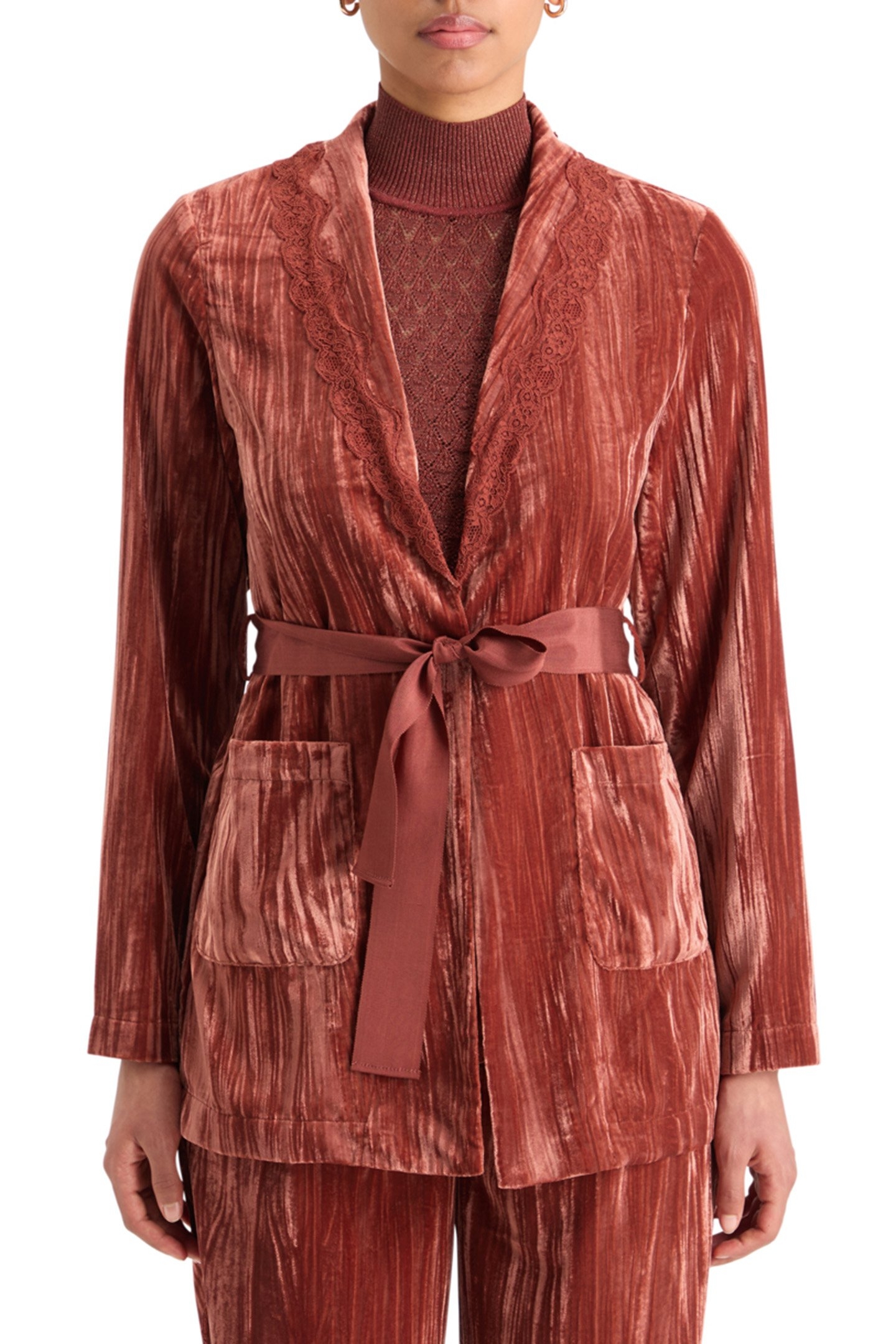 LACE TRIMMED VELVET PYJAMA BLAZER RUST 1