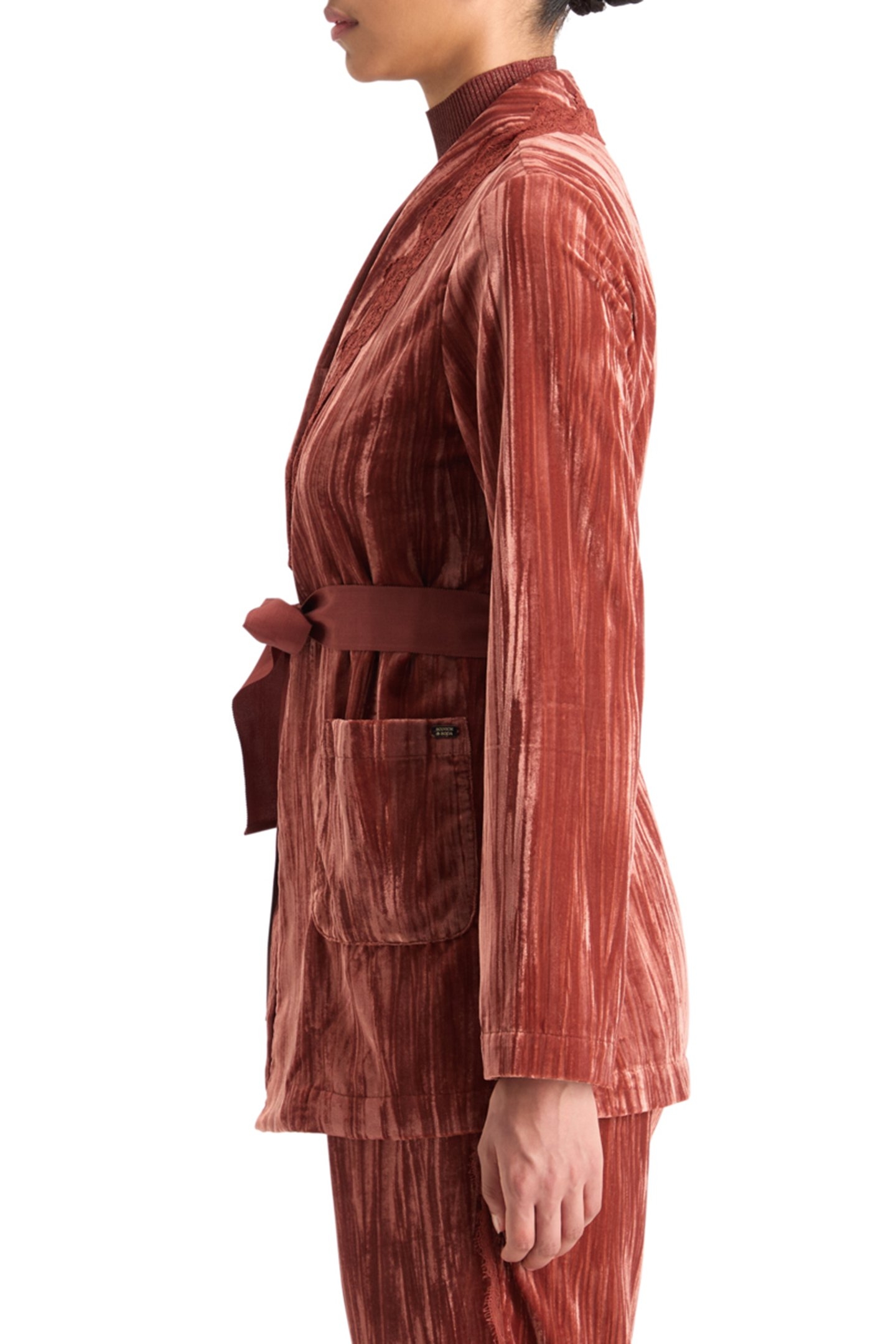 LACE TRIMMED VELVET PYJAMA BLAZER RUST 6