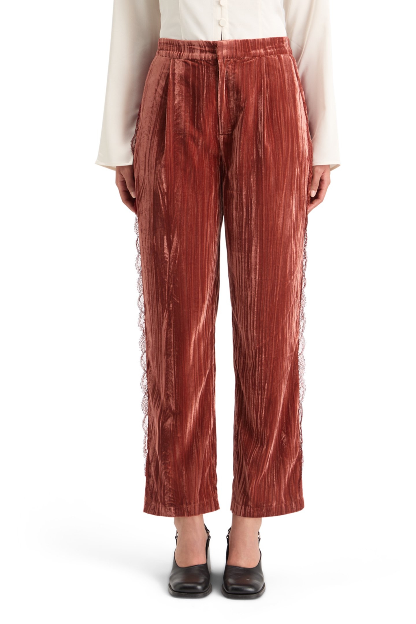 LACE TRIMMED VELVET PANT RUST 1