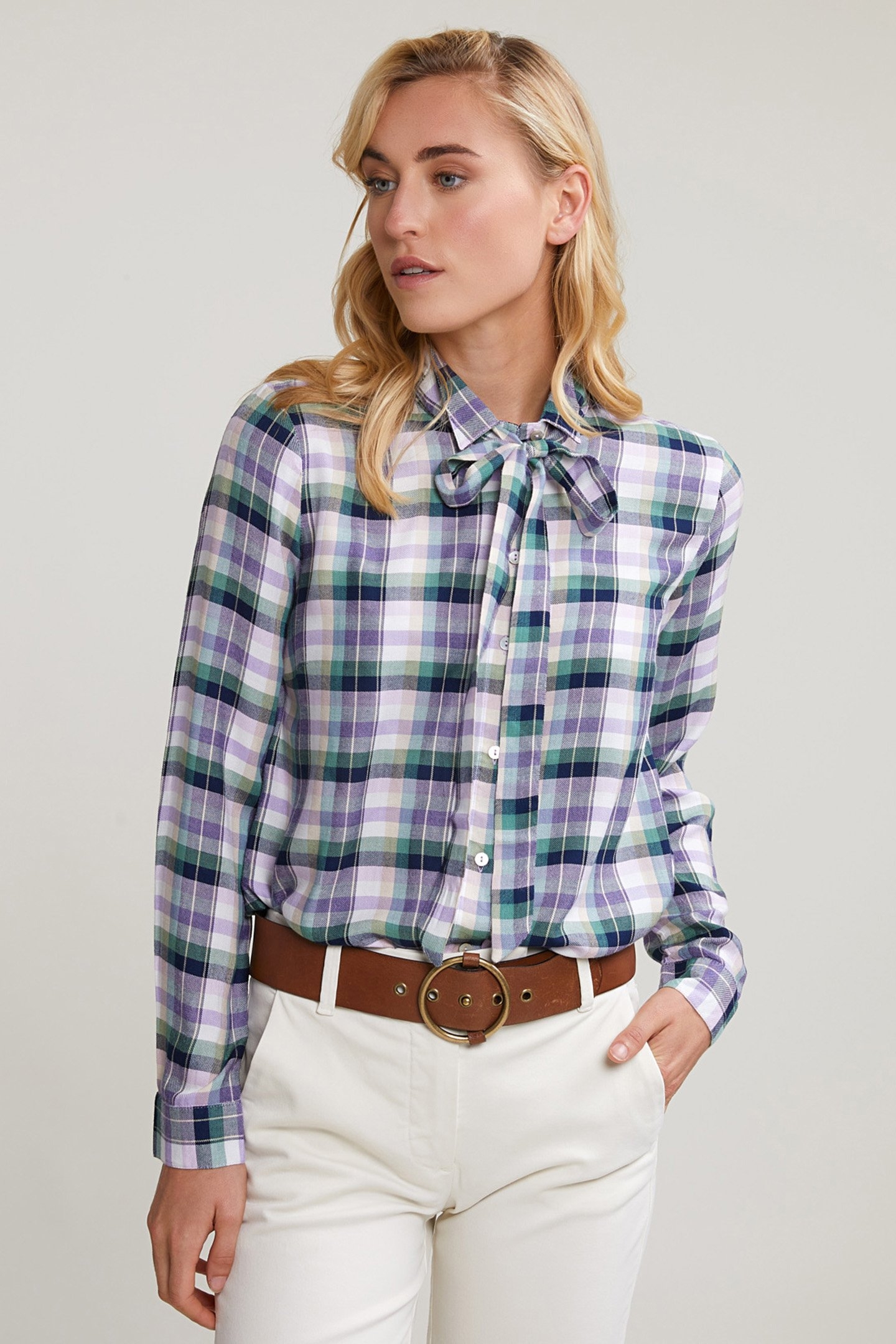 GREEN/PURPLE CHECKED BLOUSE FANCY COLLAR 1