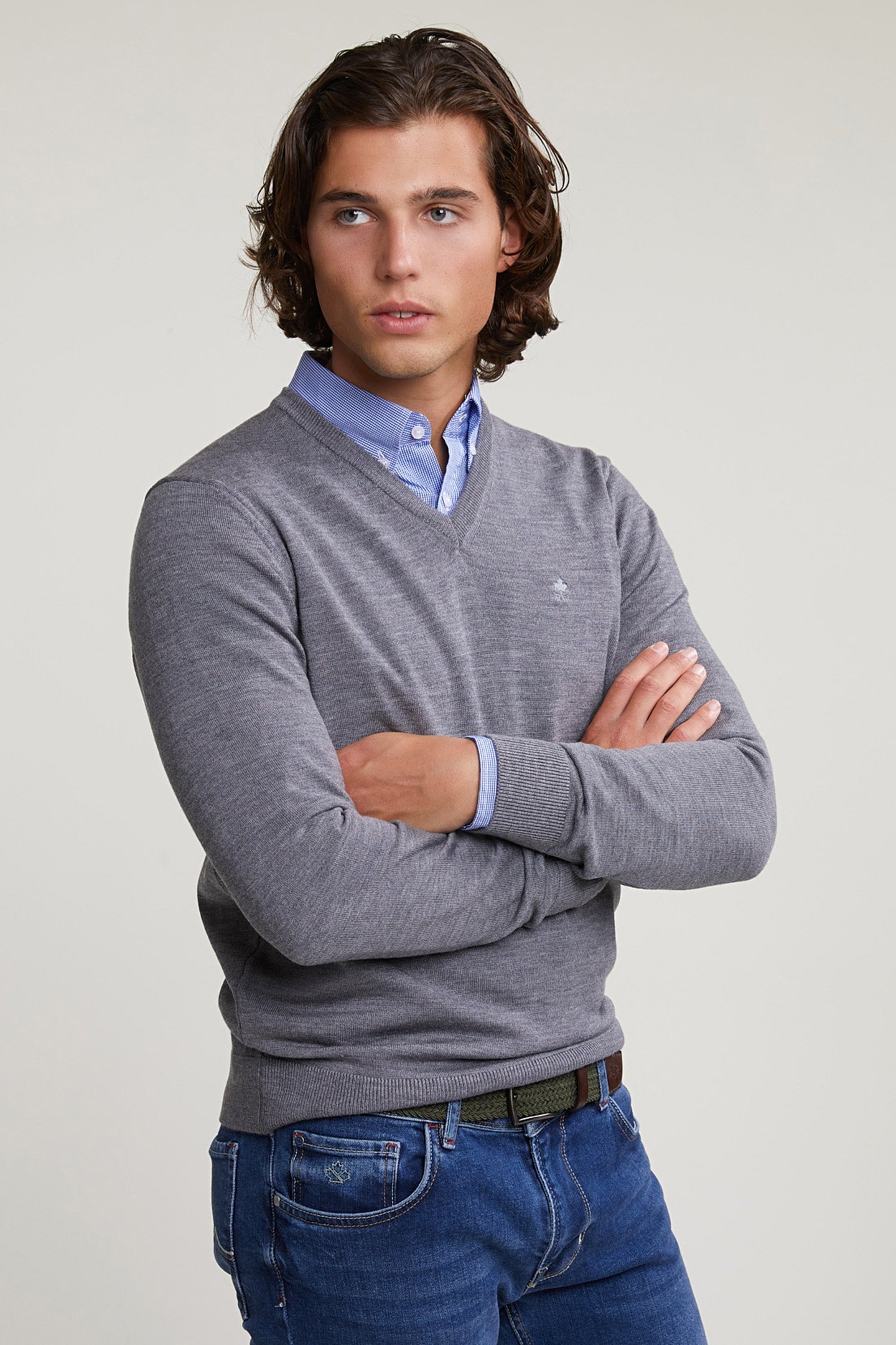 CUSTOM FIT BASIC MERINO V-NECK SWEATER OXFORD MIX 1