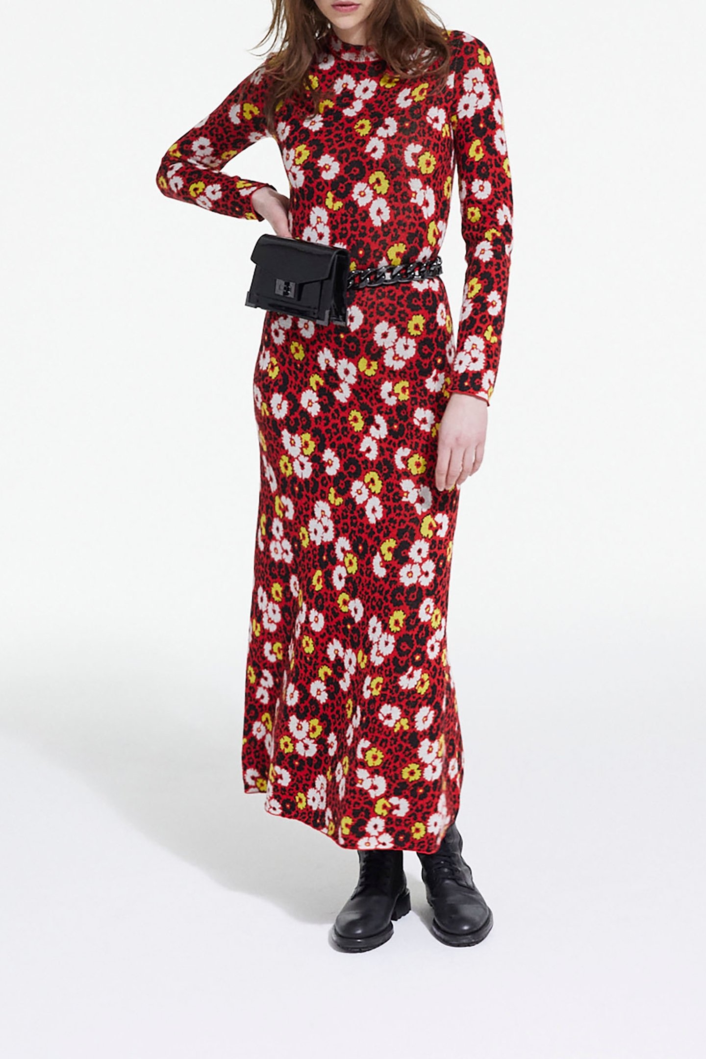LONG WOOL DRESS IN FLORAL JACQUARD DARK RED 1