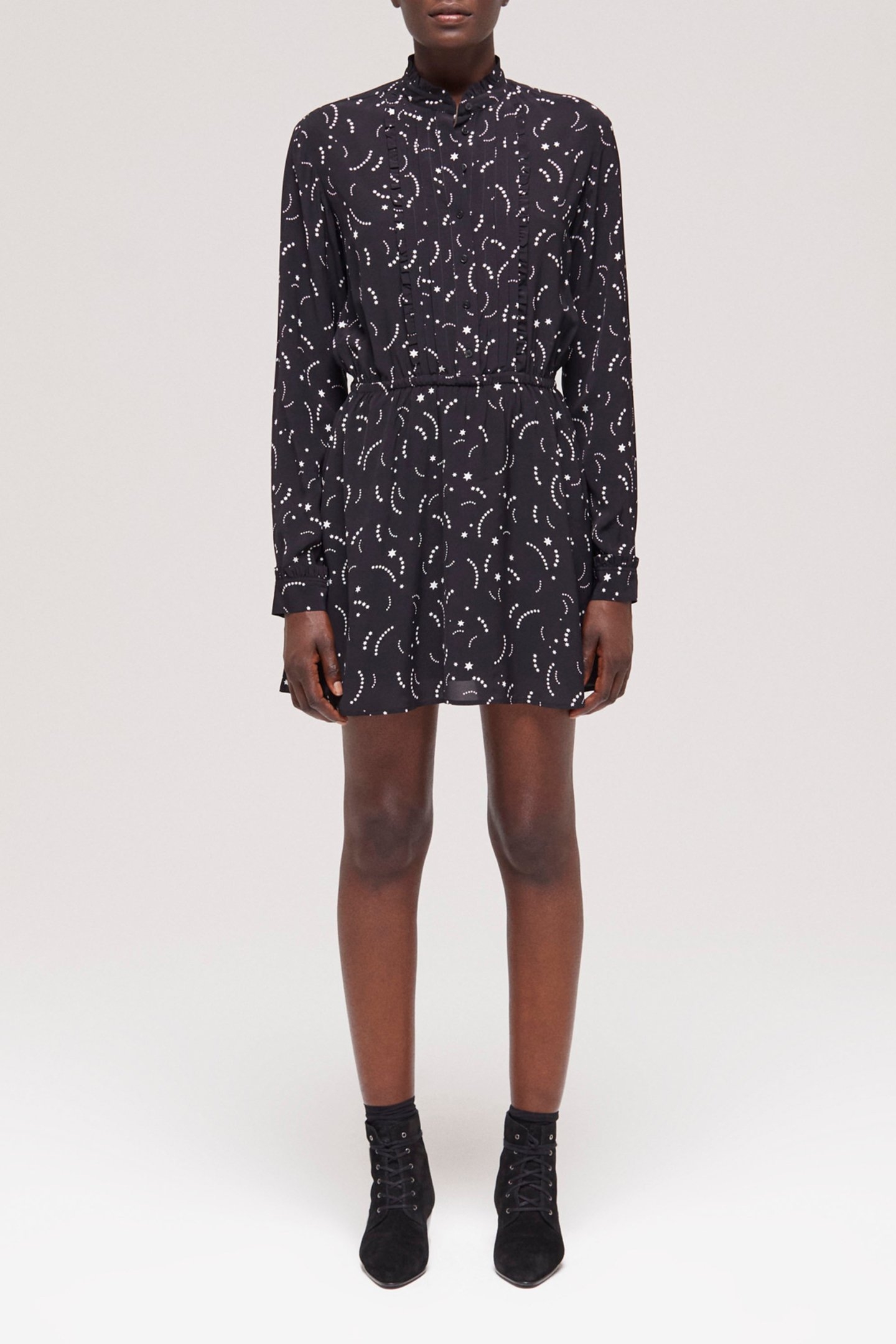 COMET PRINT LONG-SLEEVED SHORT DRESS BLACK WHITE 1