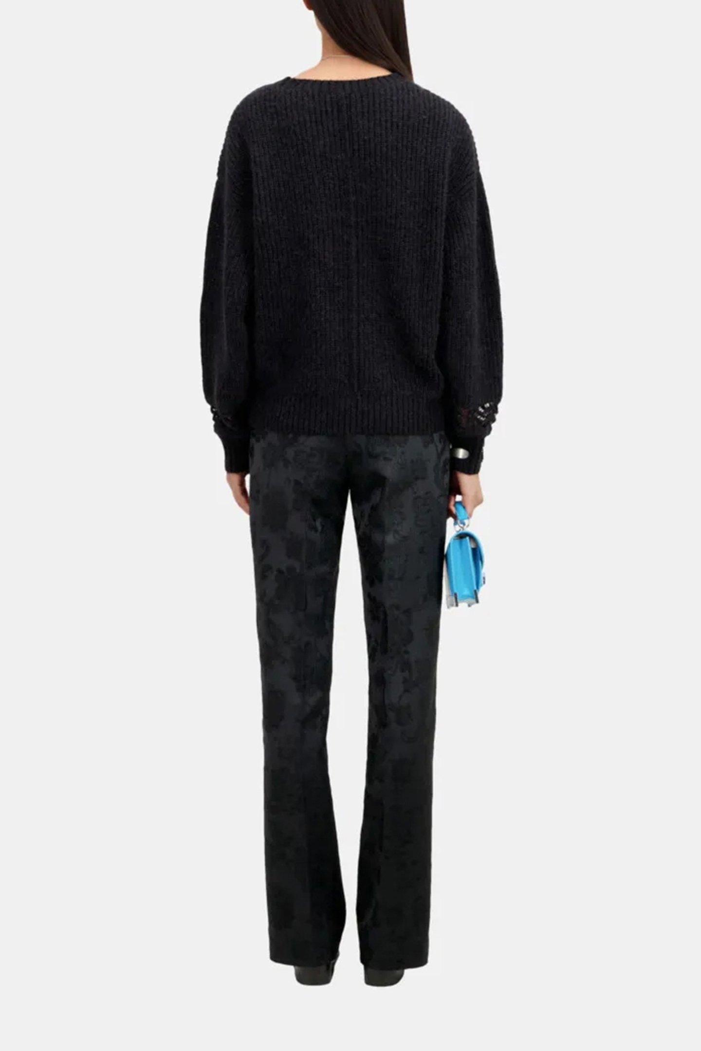 ROUND NECK SWEATER IN PEARL AND POINTELLE RIB BLACK 2