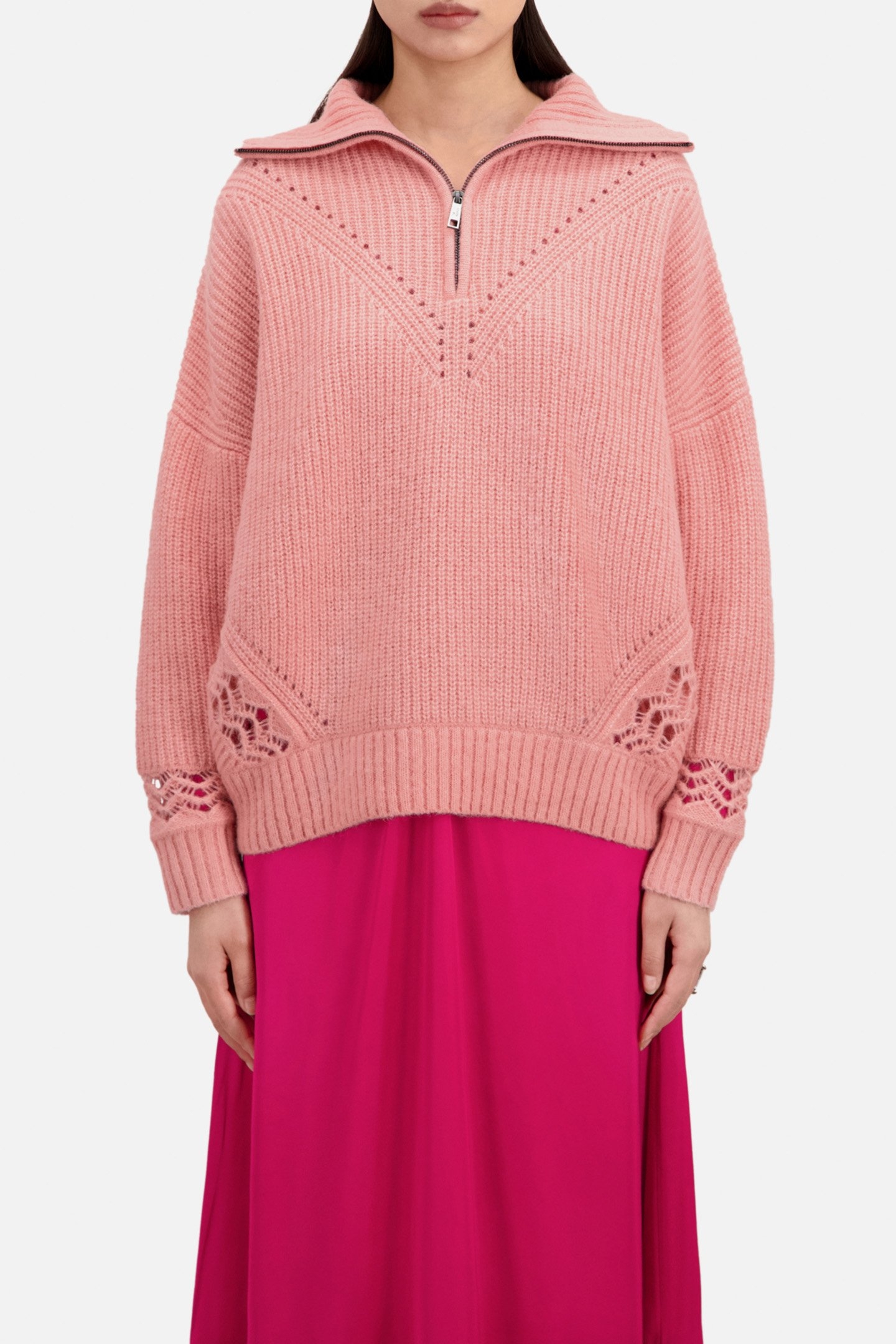 TURTLENECK SWEATER IN PEARL AND POINTELLE RIB OLD PINK 1