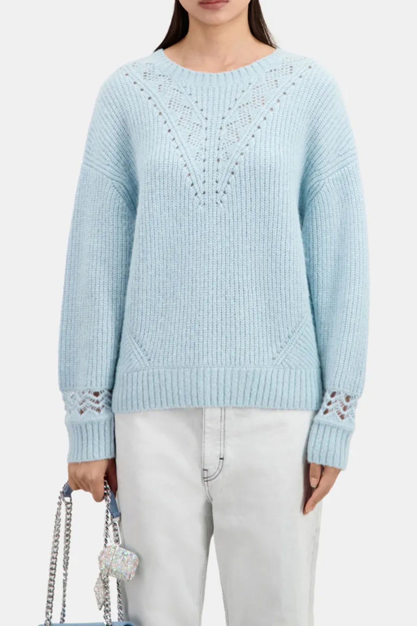 ROUND NECK SWEATER IN PEARL AND POINTELLE RIB BLUE GREY 1