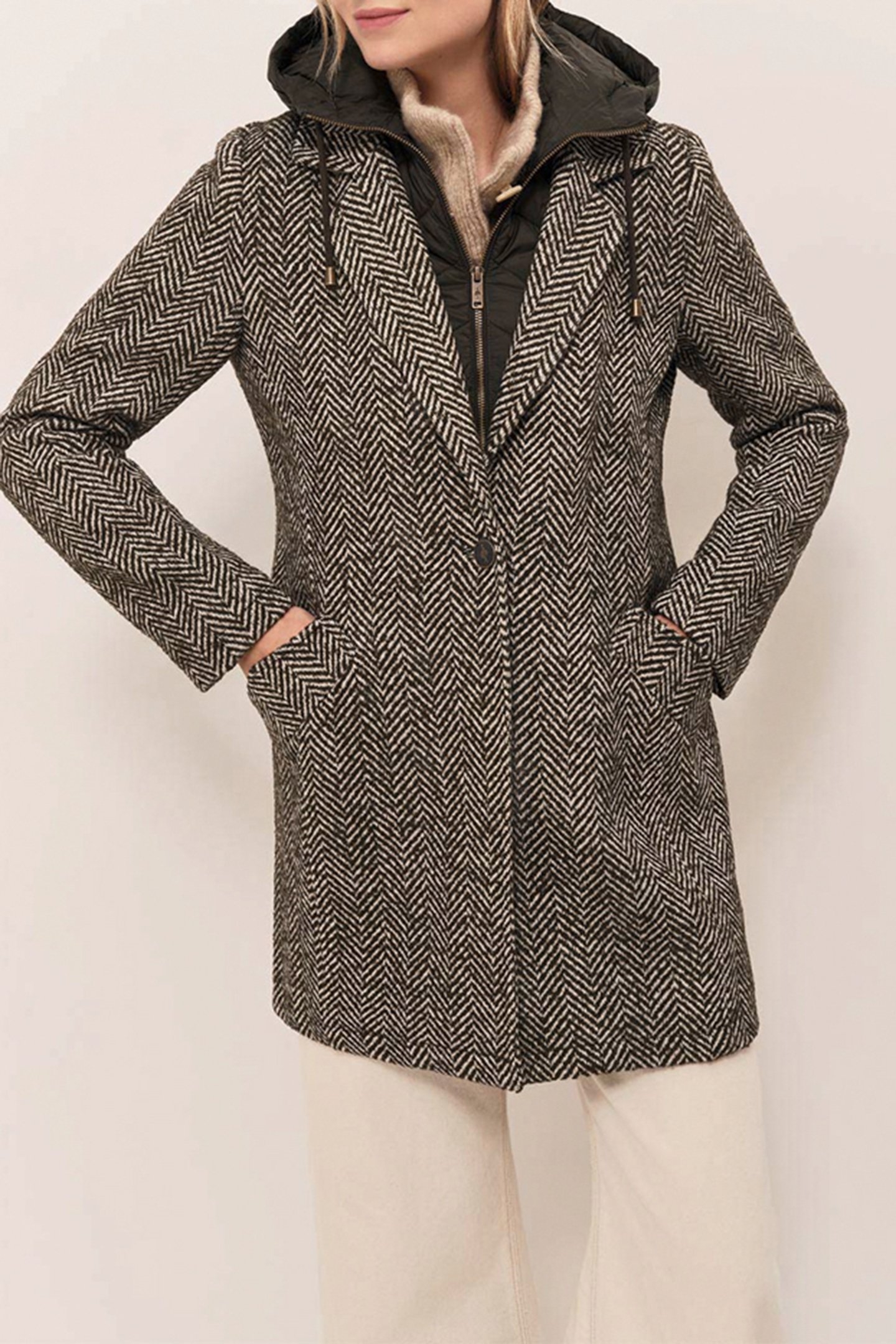 DEW - KHAKI WOOL COAT WITH HERRINGBONE PATTERN AND REMOVABLE 5