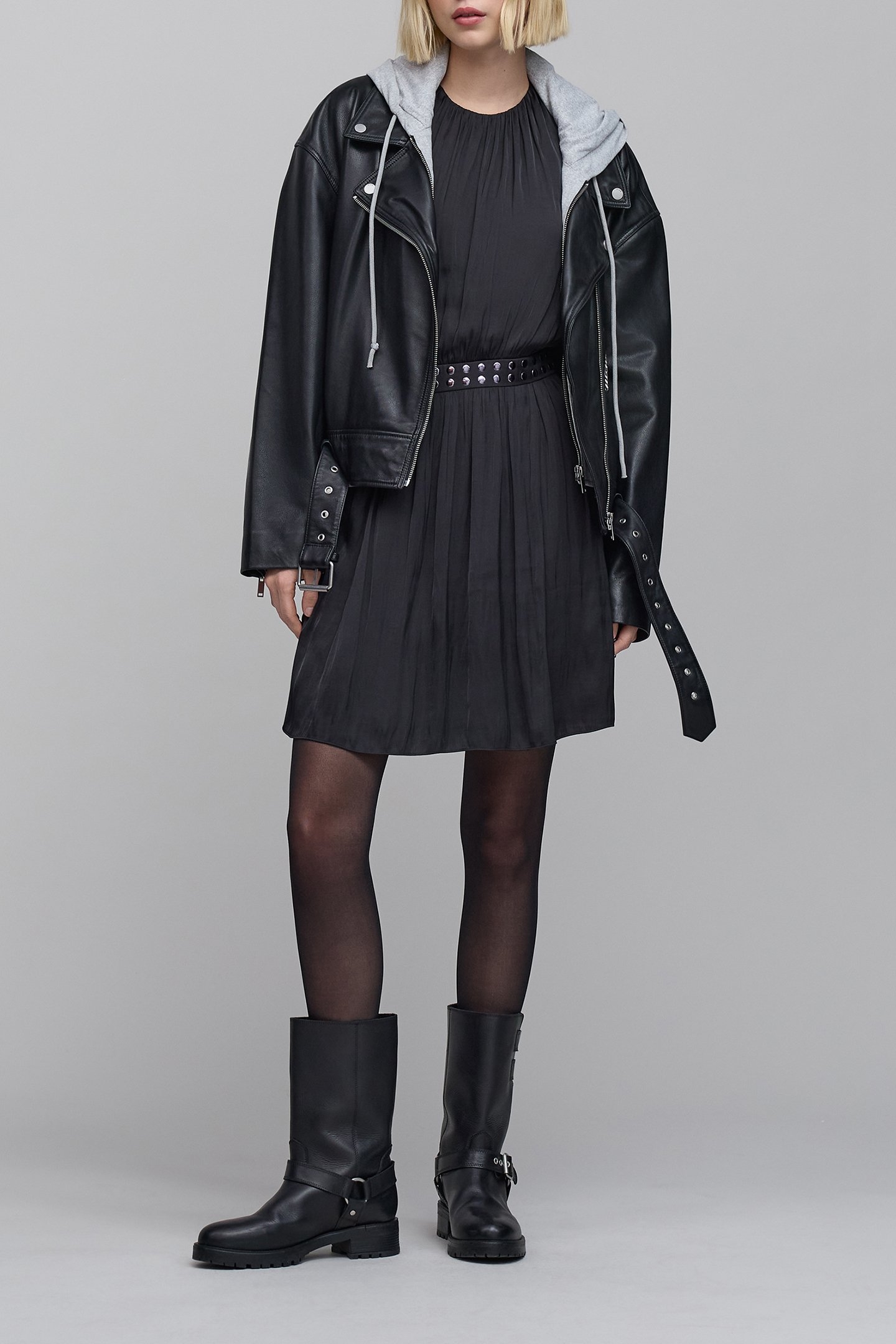 CRUMPLED BLACK DRESS WITH STUDDED WAISTBAND 4