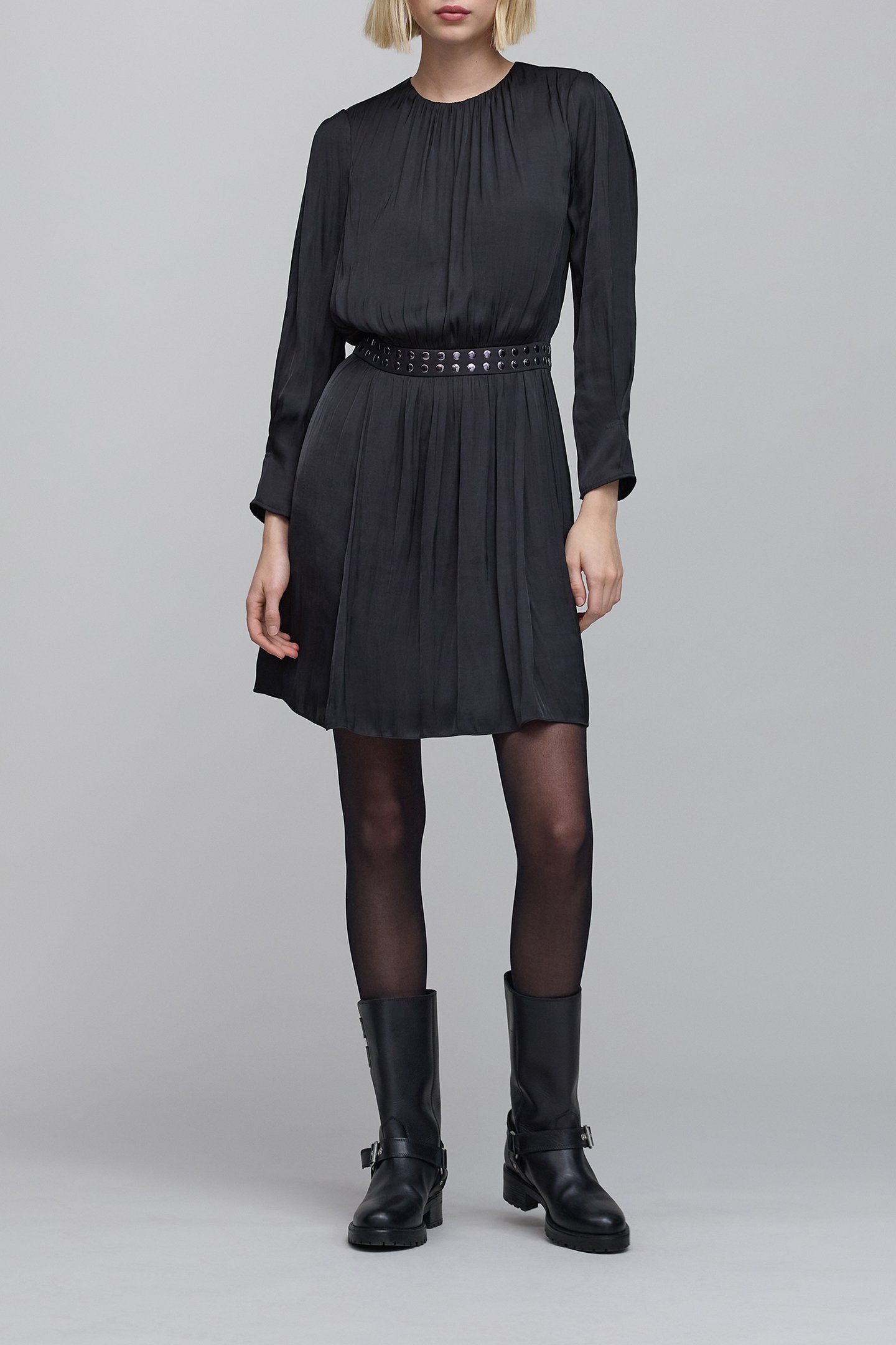 CRUMPLED BLACK DRESS WITH STUDDED WAISTBAND 3