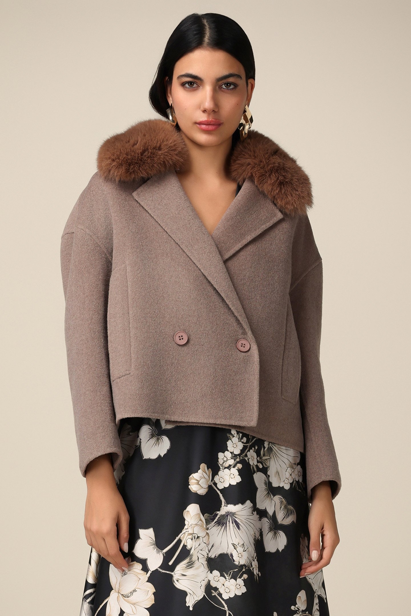 WOOL BLEND CAPE WITH FUZZY COLLAR BROWN 1