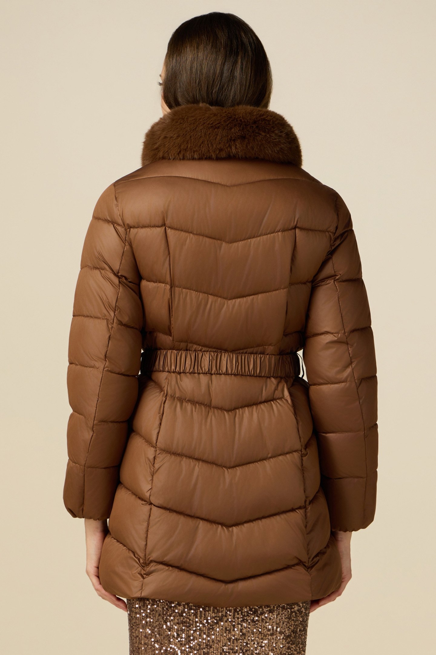 MIDI DOWN JACKET WITH BELT AND FURRY COLLAR BROWN 2