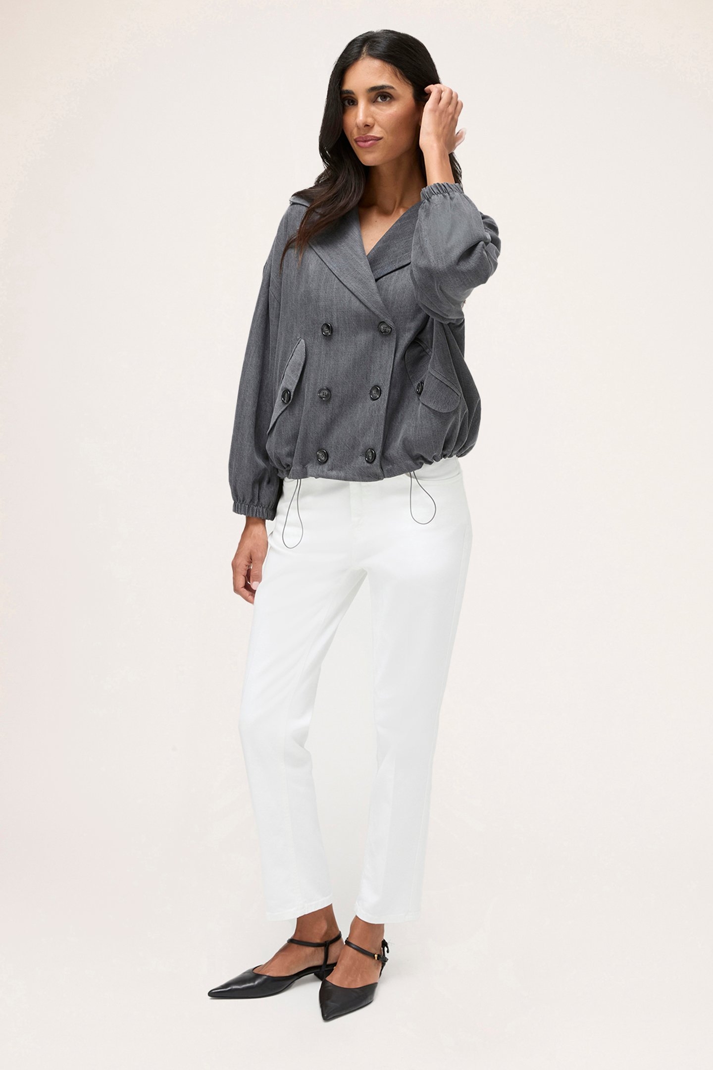 DOUBLE-BREASTED DENIM EFFECT BOMBER JACKET GREY 3