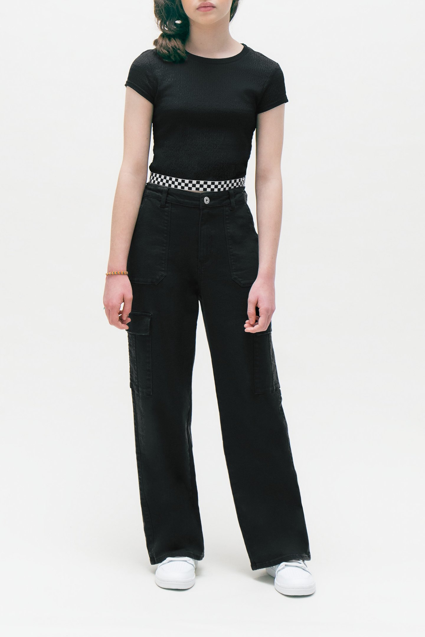 GIRLS’ BLACK DENIM CARGO TROUSERS 1