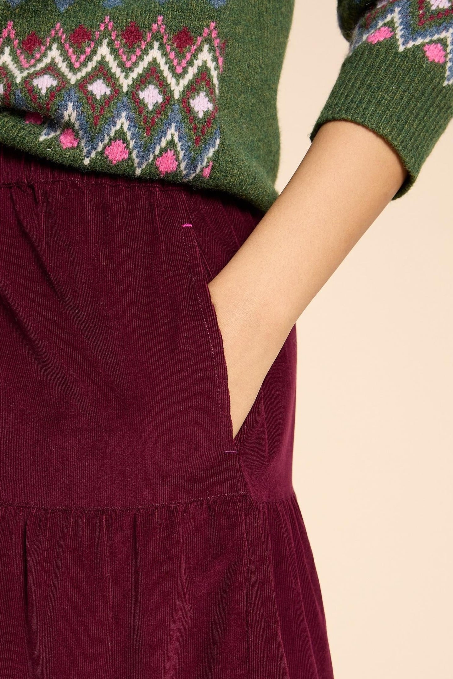 JADE TIERED CORD SKIRT DARK PLUM 2