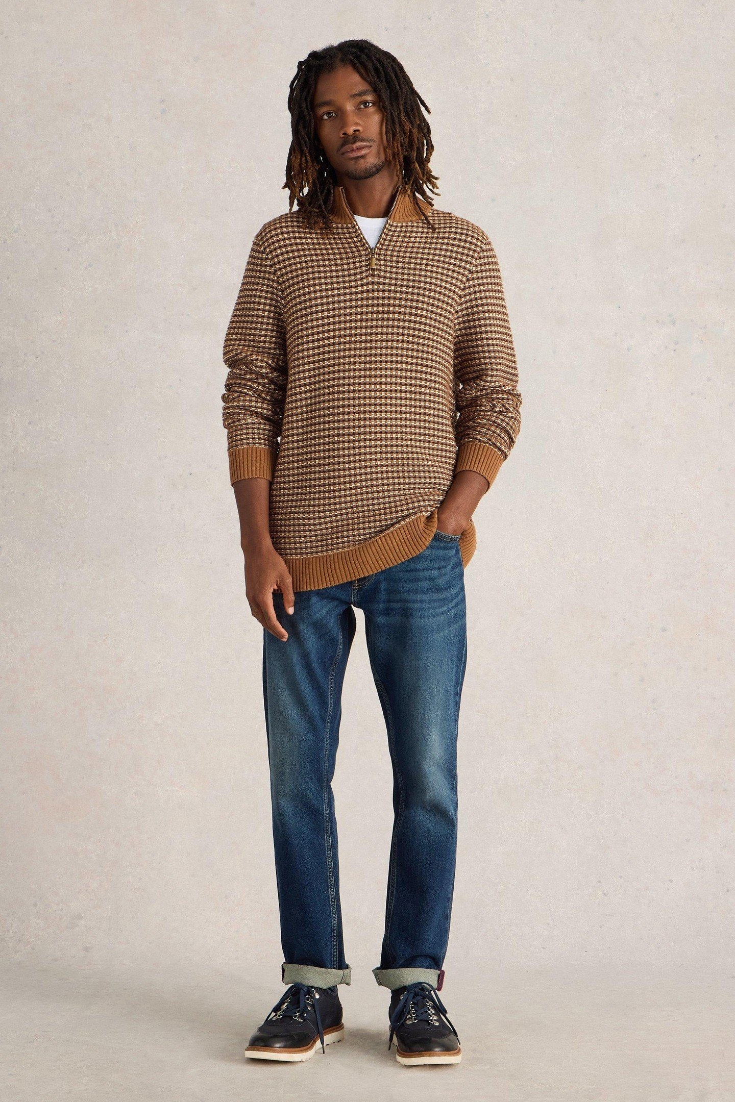 TUCK STITCH FUNNEL NECK TAN MULTI 1