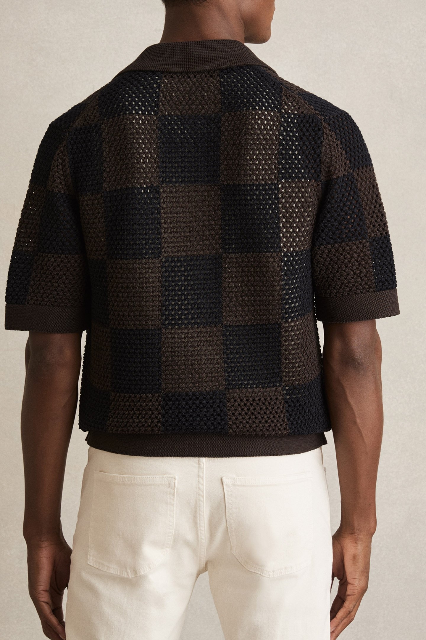 SS BUTTON THROUGH CHECKERBOARD CROCHET SHIRT CHOCOLATE/NAVY 2