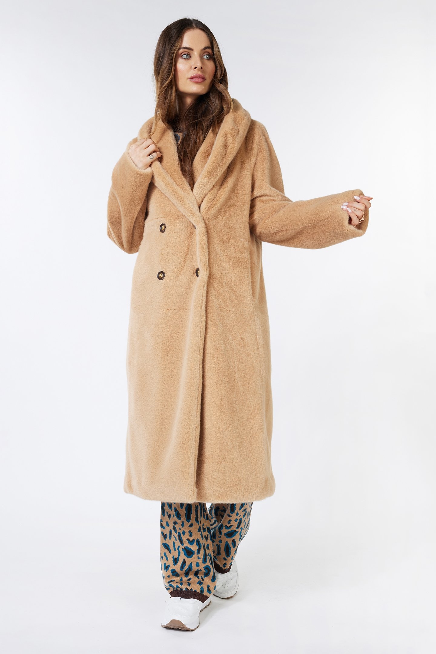 COAT SHAWL COLLAR FAKE FUR CAMEL 1