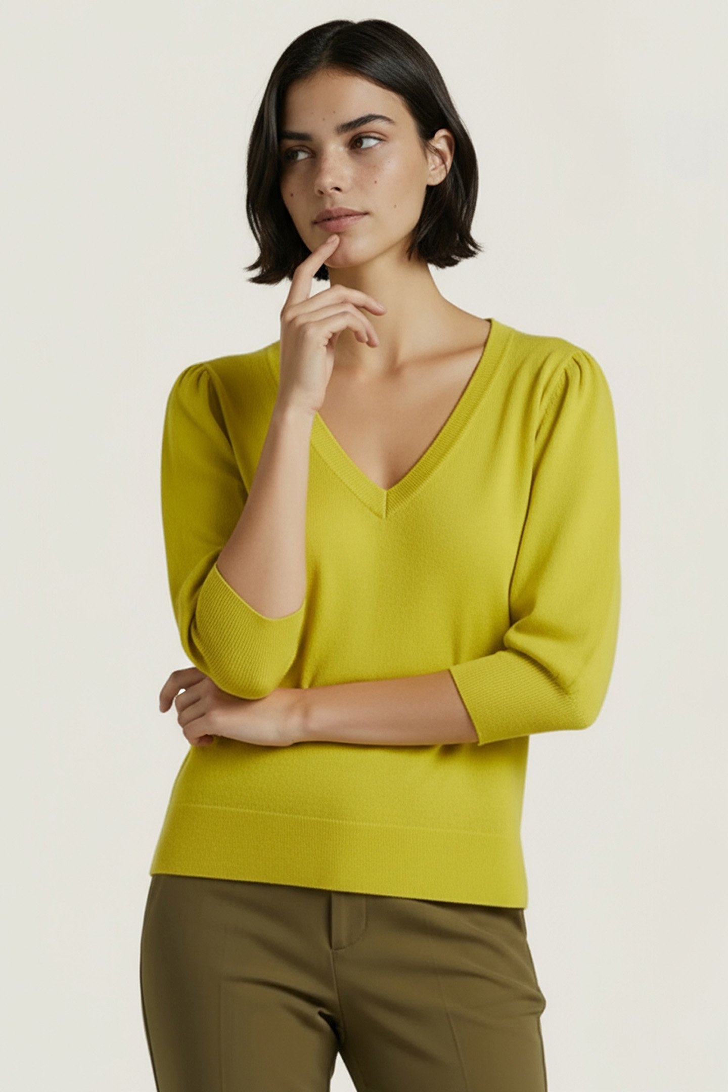 SWEATER SHORT PUFF SLVE BASIC KNIT MATCHA GREEN 1