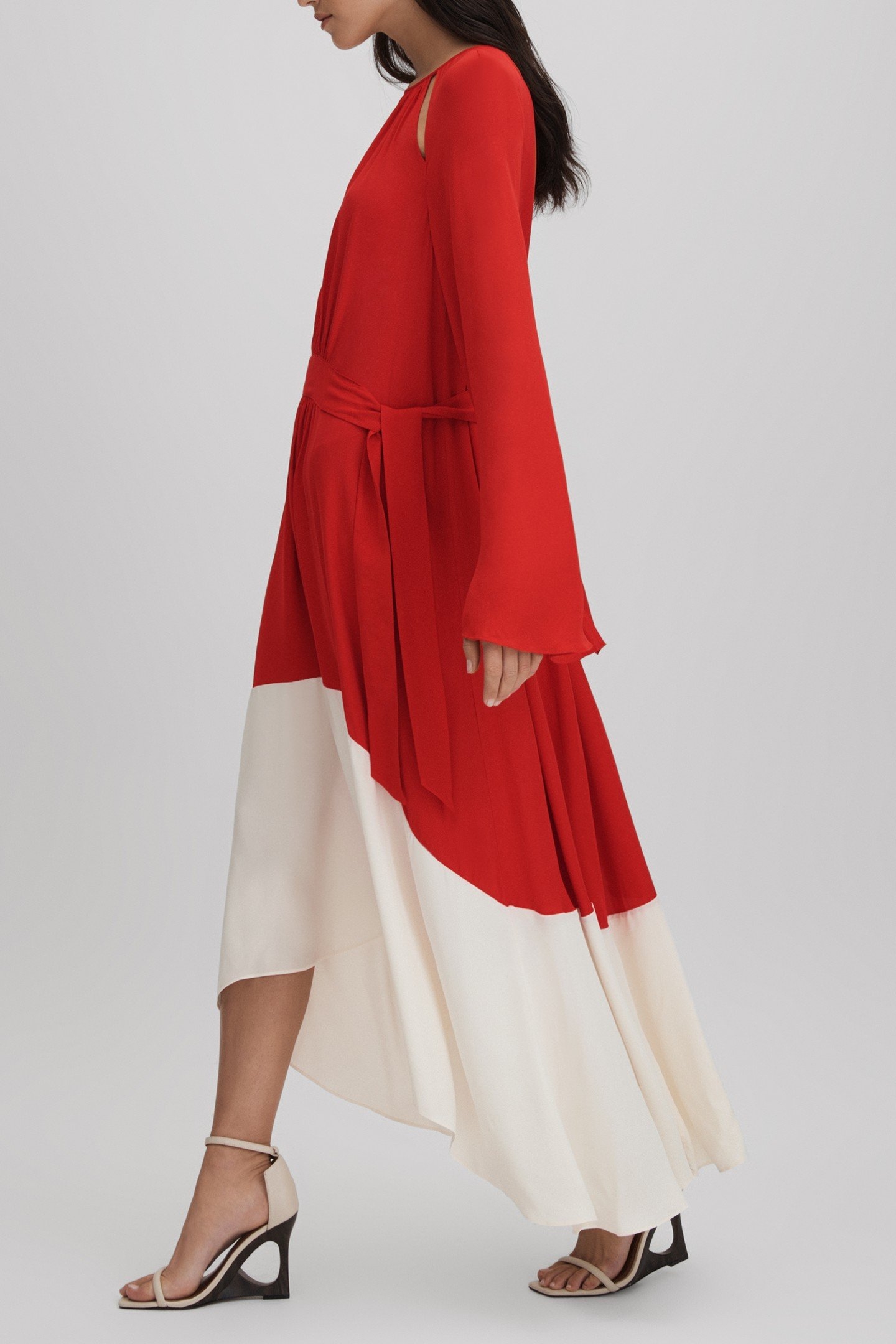 COLOUR BLOCK MIDI DRESS RED/CREAM 4