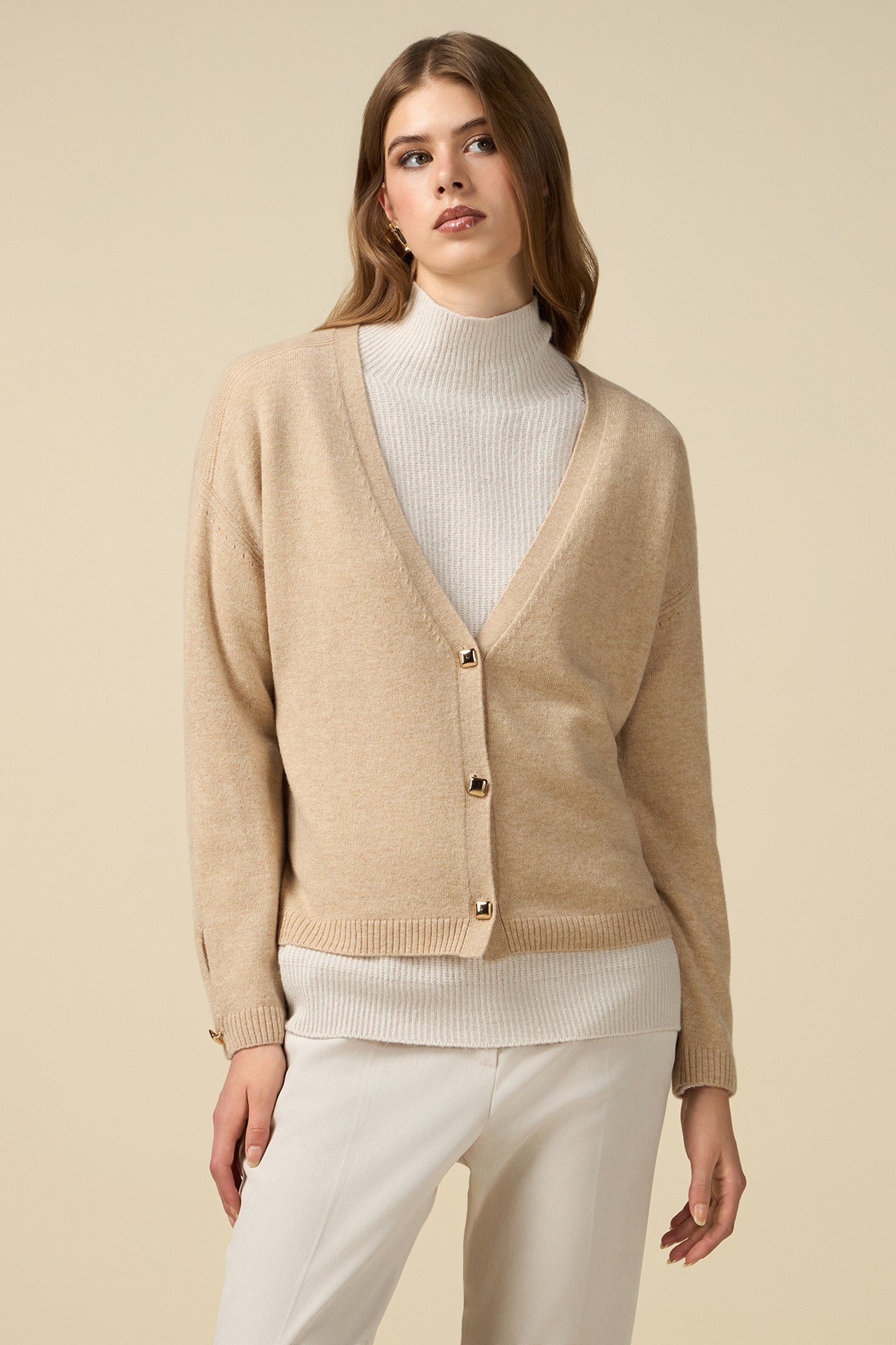 CASHMERE BLEND CARDIGAN WITH SQUARE BUTTONS BEIGE 1