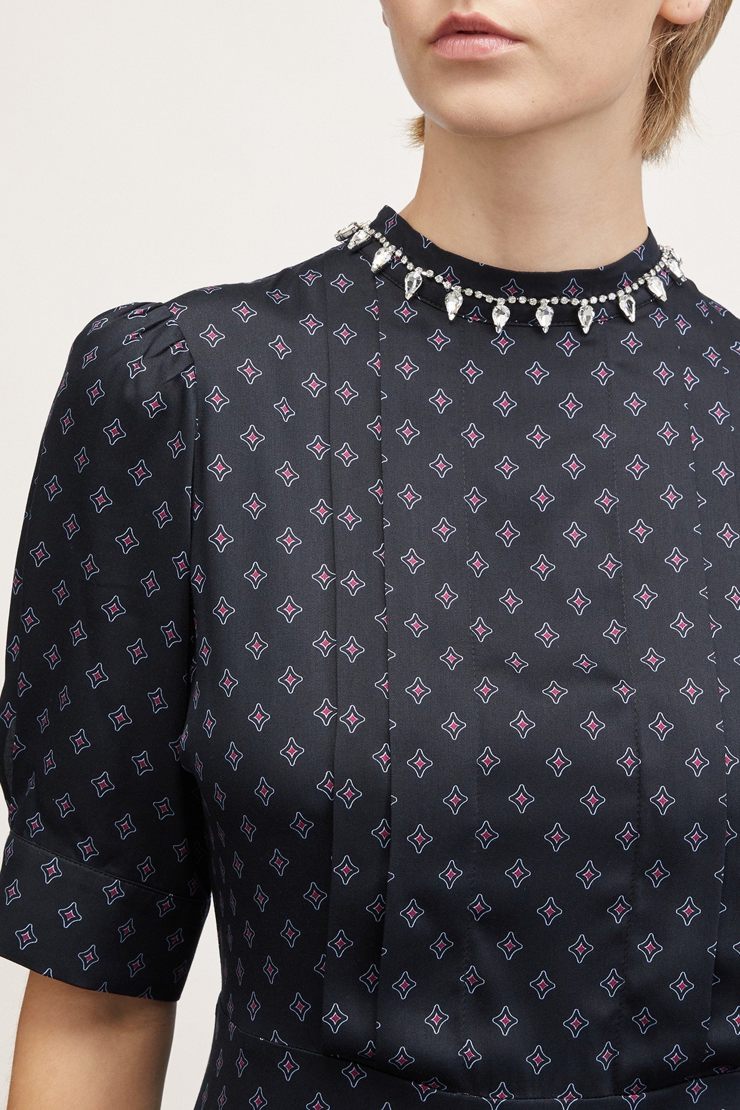 PATTERNED SATIN DRESS WITH CRYSTAL STONES BLACK 4