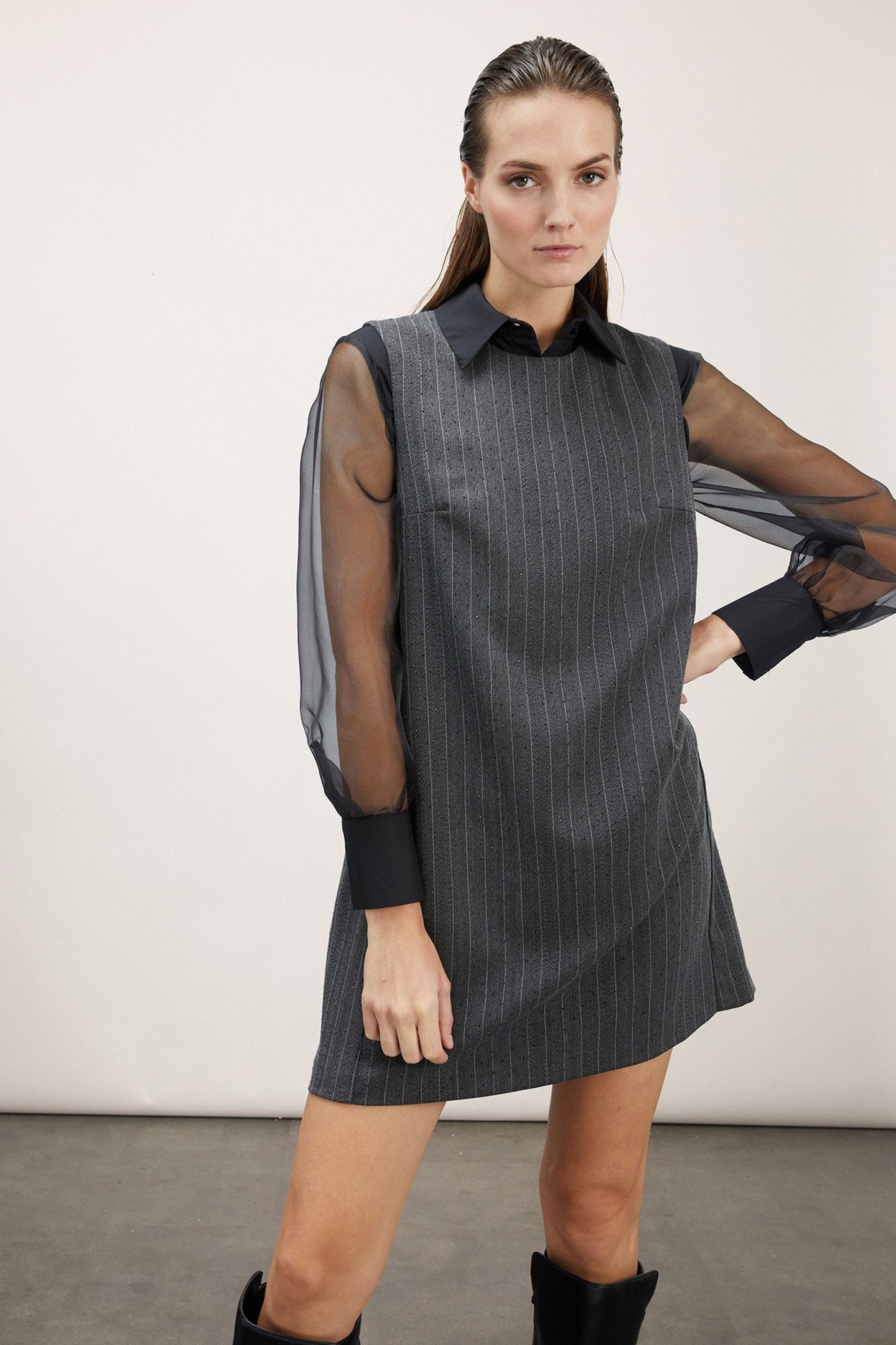 LONG PINSTRIPED SHEATH DRESS WITH CRYSTALS GREY 1