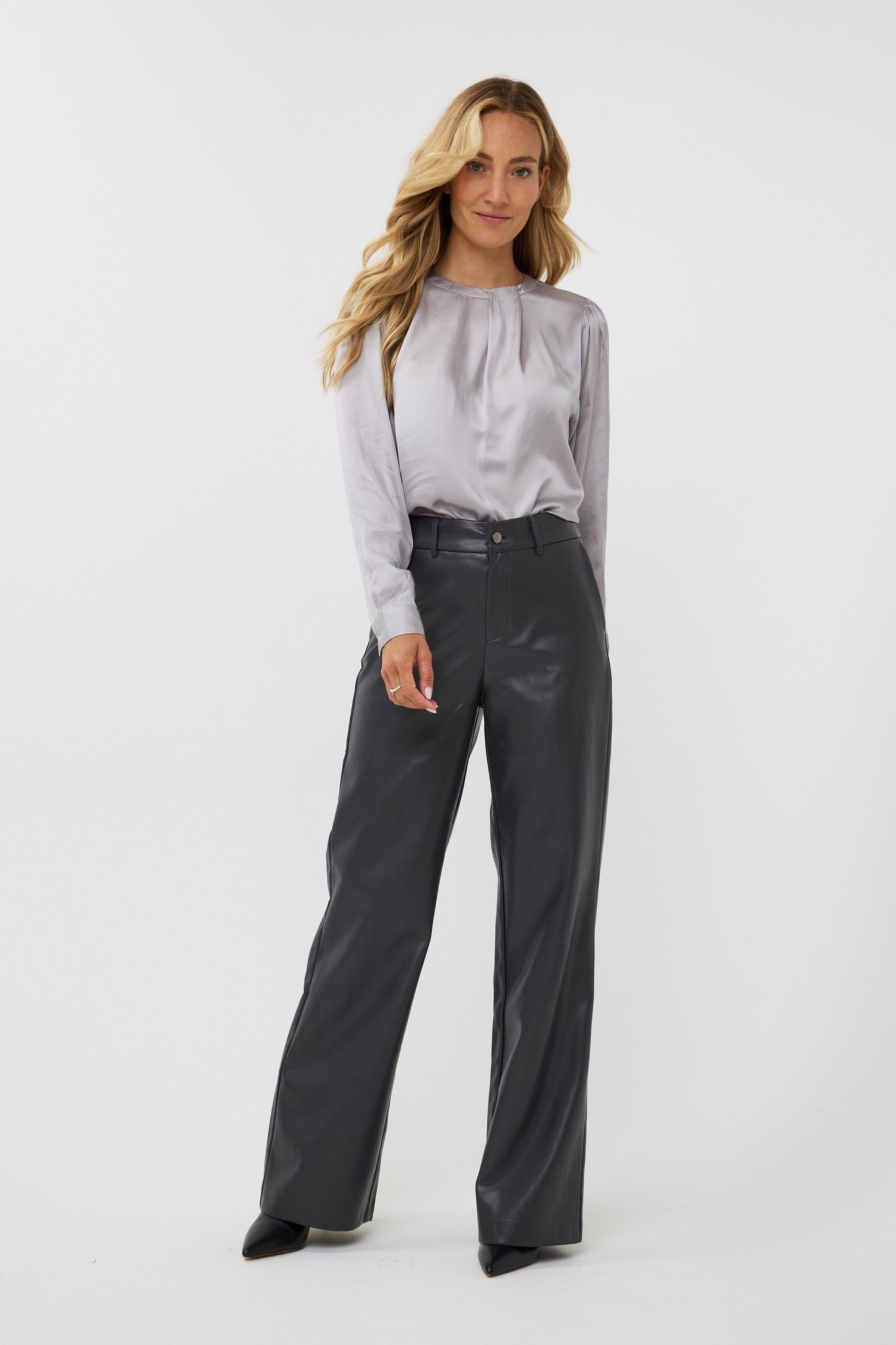 TROUSERS WIDE VEGAN LEATHER GREY 1